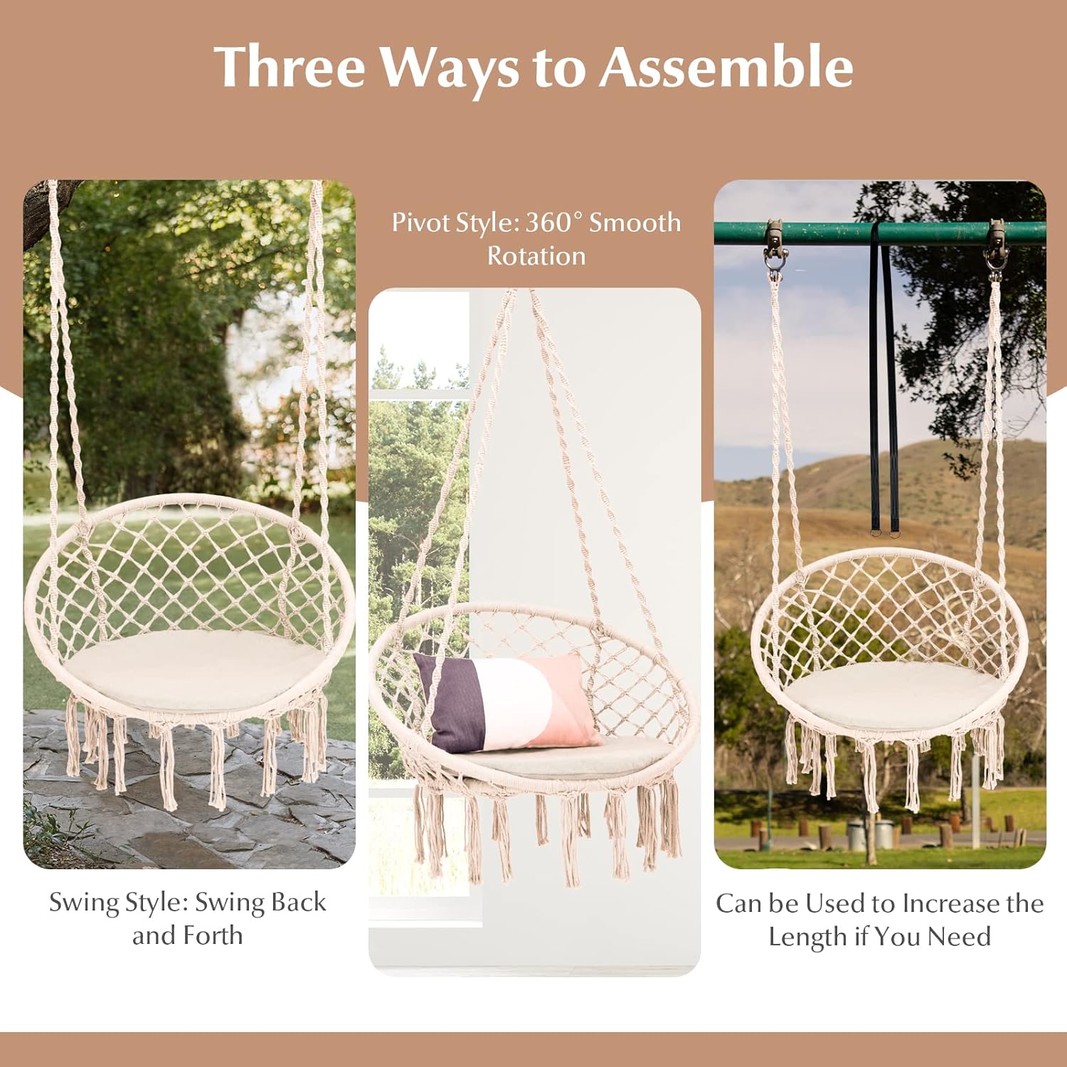 Tangkula Silla hamaca con cojín, estilo bohemio de macramé con kit de accesorios para colgar y correa, columpio de cuerda colgante para interiores y