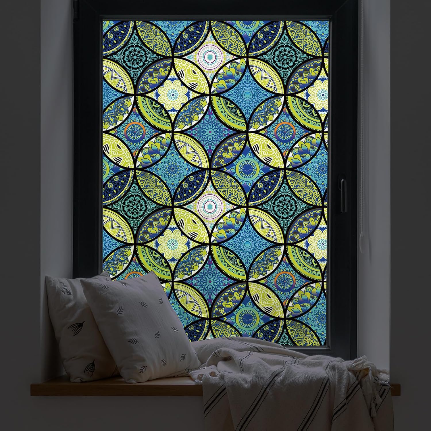 DKTIE Película para ventana de vidrieras con kit de instalación, estilo bohemio, protección de privacidad, luz suavizante, película decorativa para
