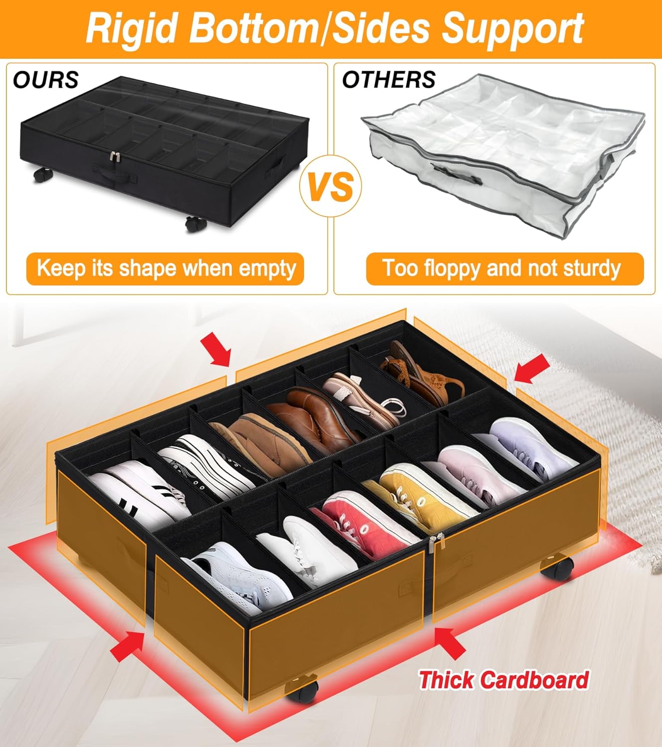 punemi Organizador de almacenamiento de zapatos debajo de la cama con ruedas y divisores ajustables, contenedores de solución de almacenamiento de