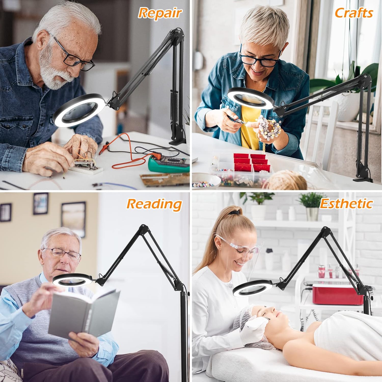 Krstlv – Lupa 8X con luz y soporte, LED 4 en 1, 5 modos de color, lámpara de pie regulable sin escalones, lámpara de pie con brazo oscilante
