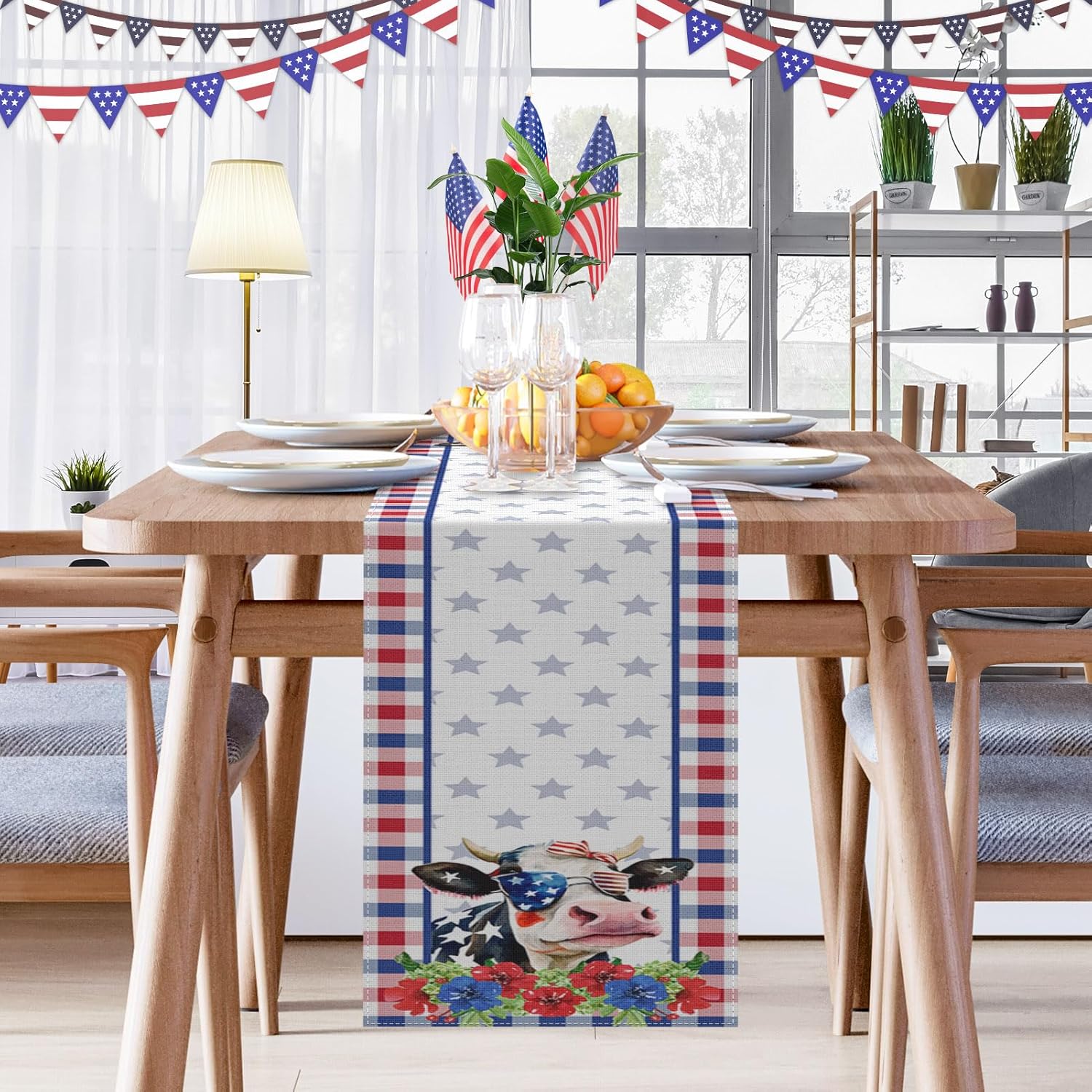 Camino de mesa del 4 de julio, Día de la Independencia, linda vaca, floral, rojo y azul, decoración para mesa de cocina, cenas familiares, fiestas