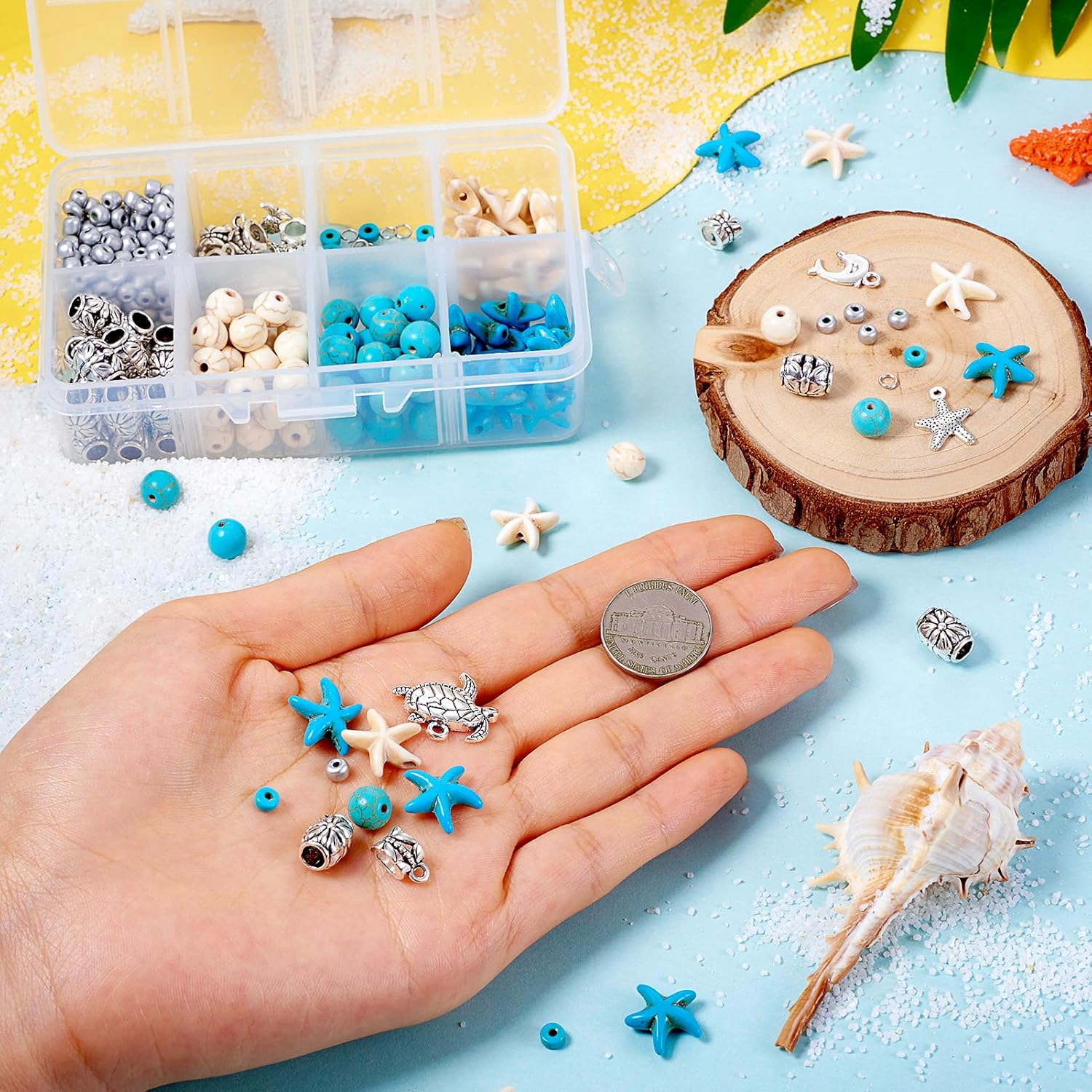 Beadthoven – Juego de 160 piezas de joyería con tema oceánico con cuentas de turquesa, estrella de mar, tortuga, delfín, sirena, colgantes,