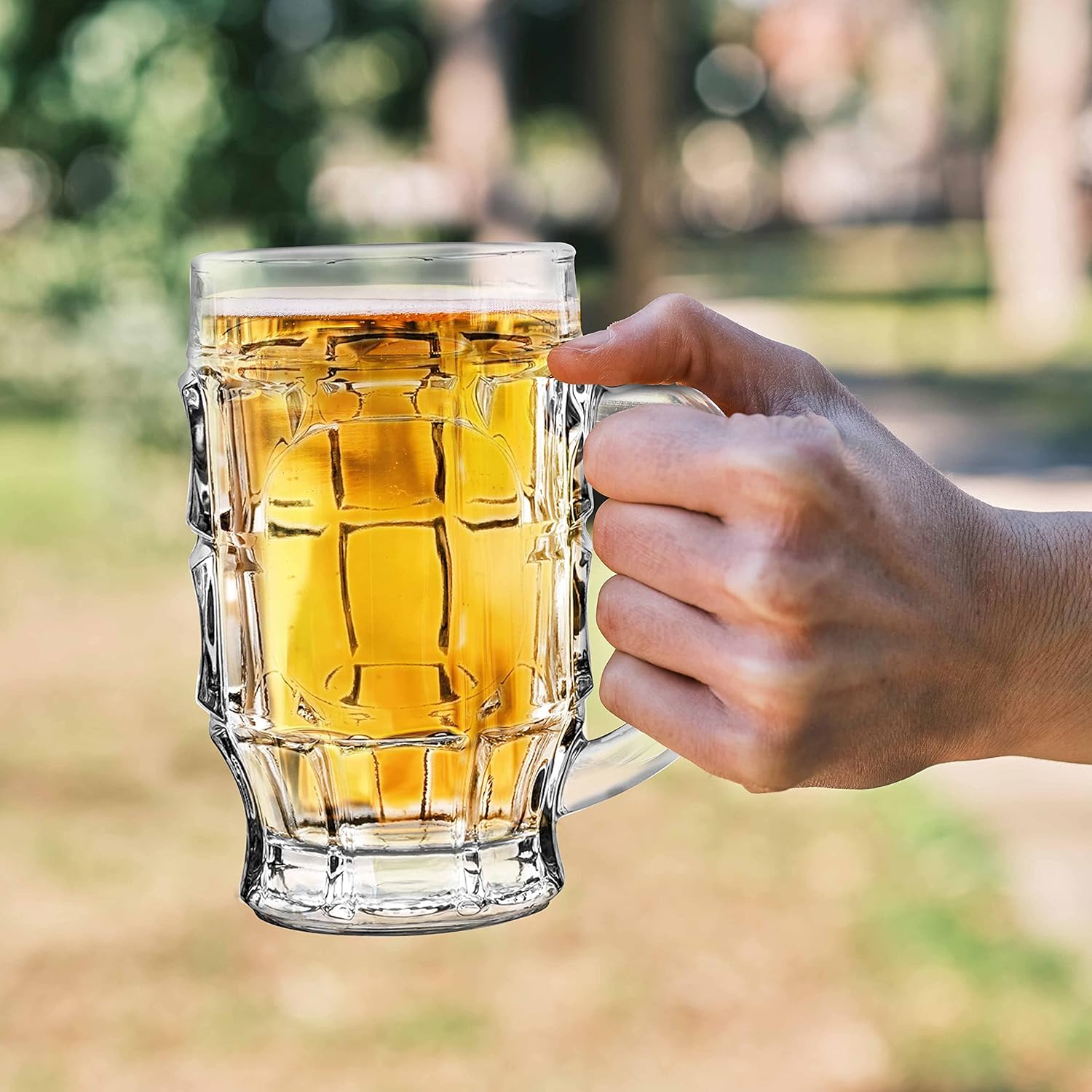 DISCOUNT PROMOS Juego de 6 tazas de cerveza de vidrio con hoyuelos de 17.75 pulgadas, paquete a granel, utensilios de bar, ideales para festivales