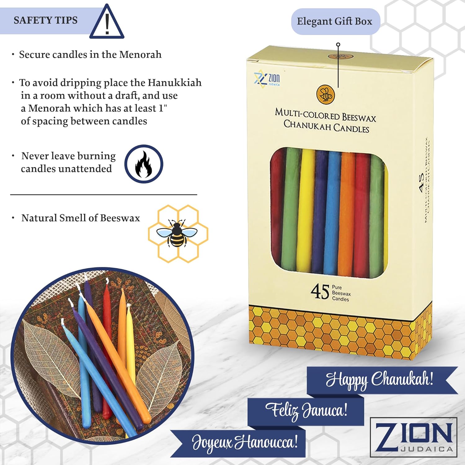 Zion Judaica – Velas de cera de abeja natural de lujo para menorá de 5.75 pulgadas de alto, juego de 45 velas de cera de abeja multicolor para