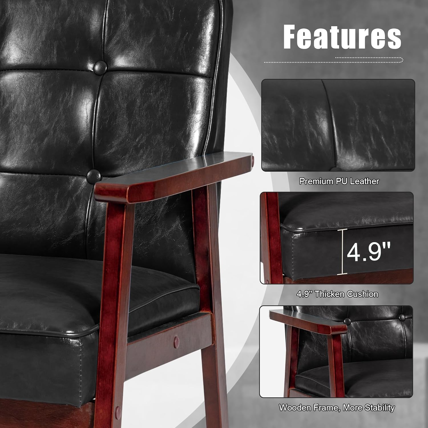 Okeysen Silla decorativa moderna de mediados de siglo, silla auxiliar retro de madera y cuero, cómoda silla de lectura para sala de estar,
