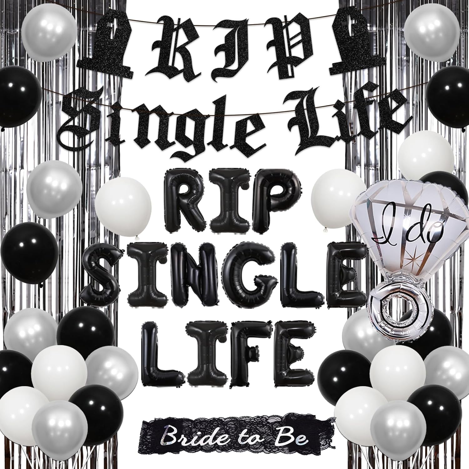Rip Single Life – Decoración de despedida de soltera, decoración gótica de despedida de soltera, pancarta de globo blanco y negro con flecos,