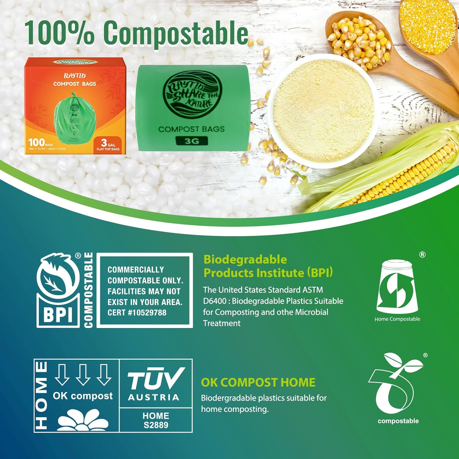Bolsas de basura compostables, 3 galones, bolsas de abono para contenedor de encimera, bolsas de basura pequeñas para cocina, bolsas de basura de