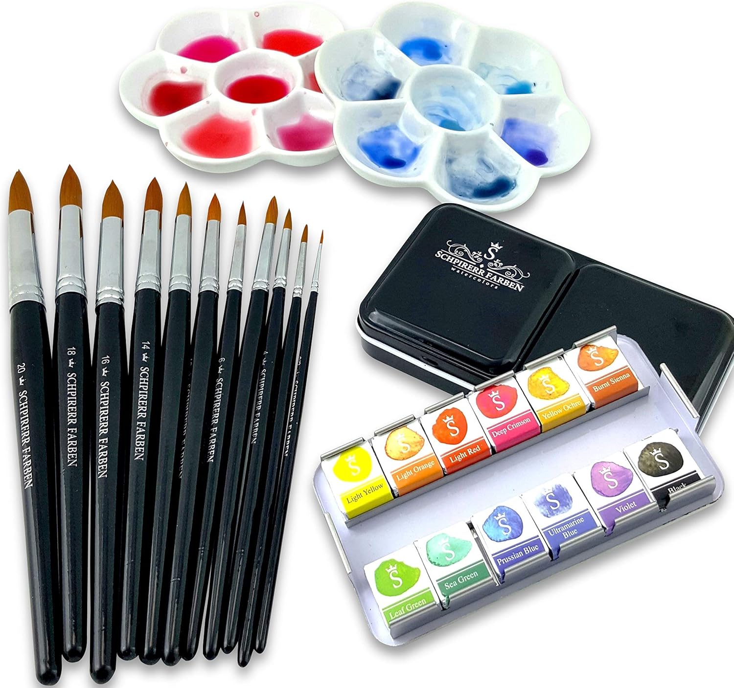 SCHPIRERR FARBEN Professional Artists – Juego de 12 pinturas de acuarela, 10 pinceles redondos, cerdas sintéticas suaves, mango corto y 2 paletas de