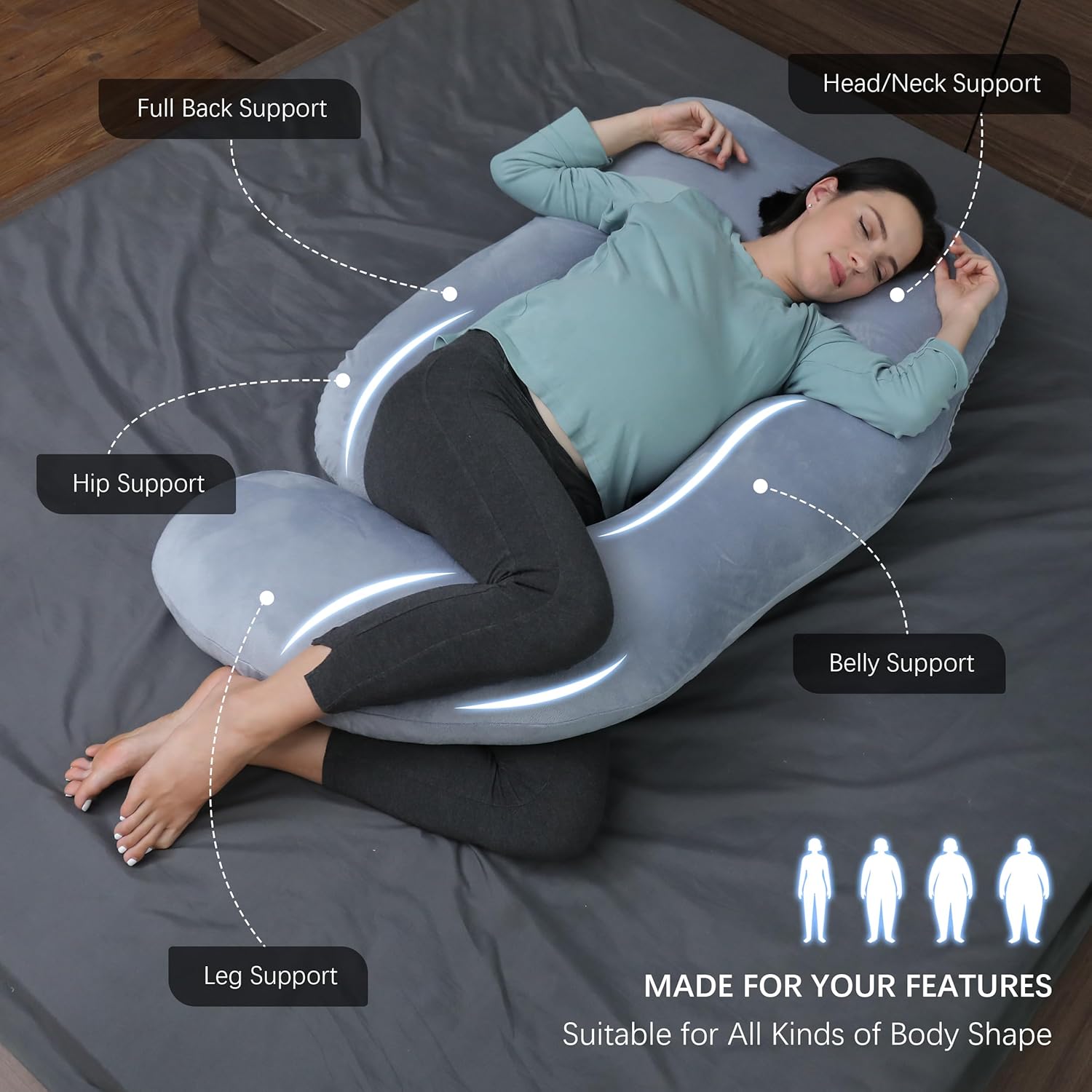 MOON PARK Almohadas de embarazo para dormir, almohada de maternidad de cuerpo completo en forma de U con funda extraíble, soporte para espalda,