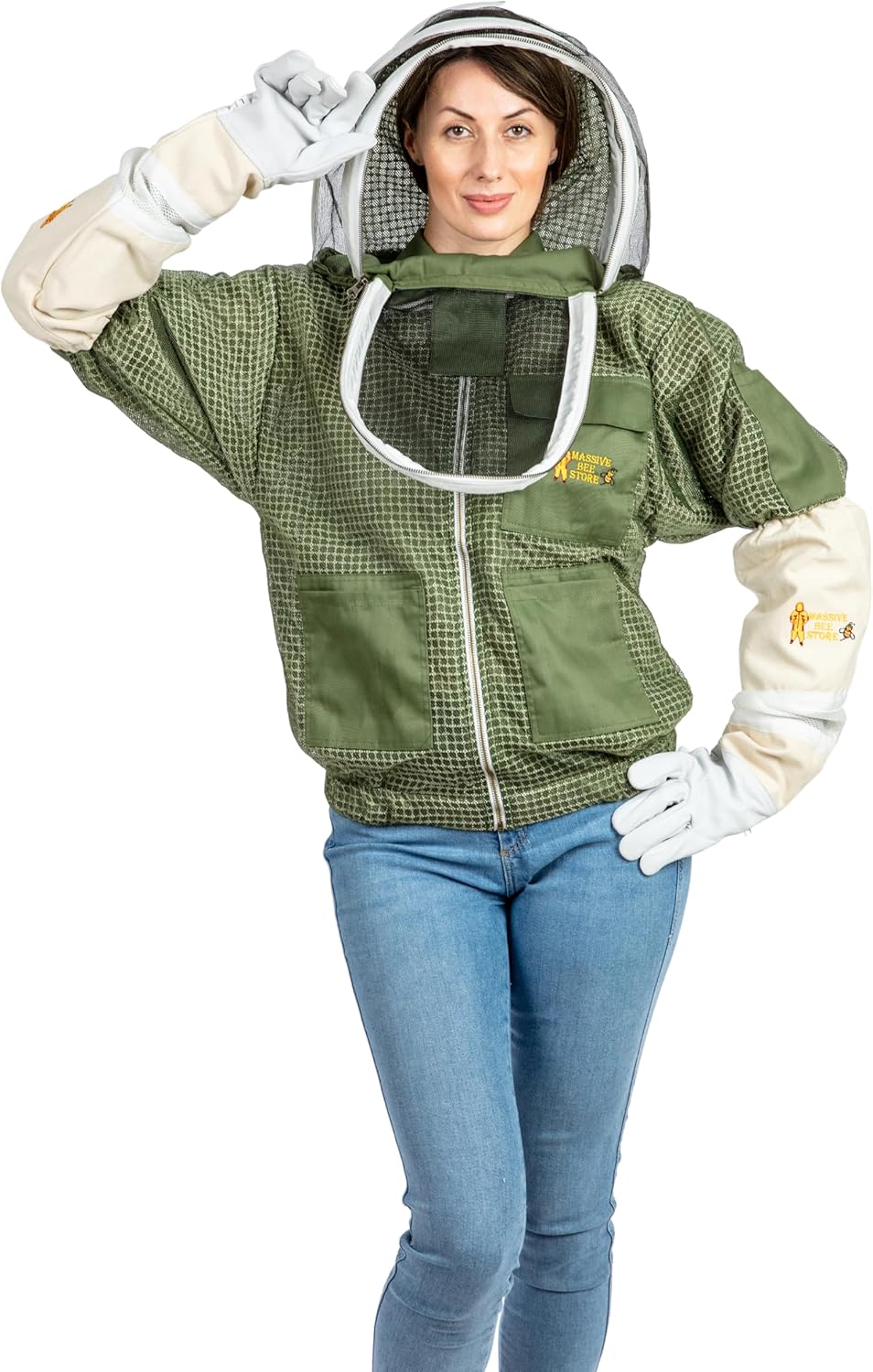 — Chaqueta ventilada de apicultura de 3 capas de protección completa para apicultores con velo de esgrima (XL, verde oliva)
