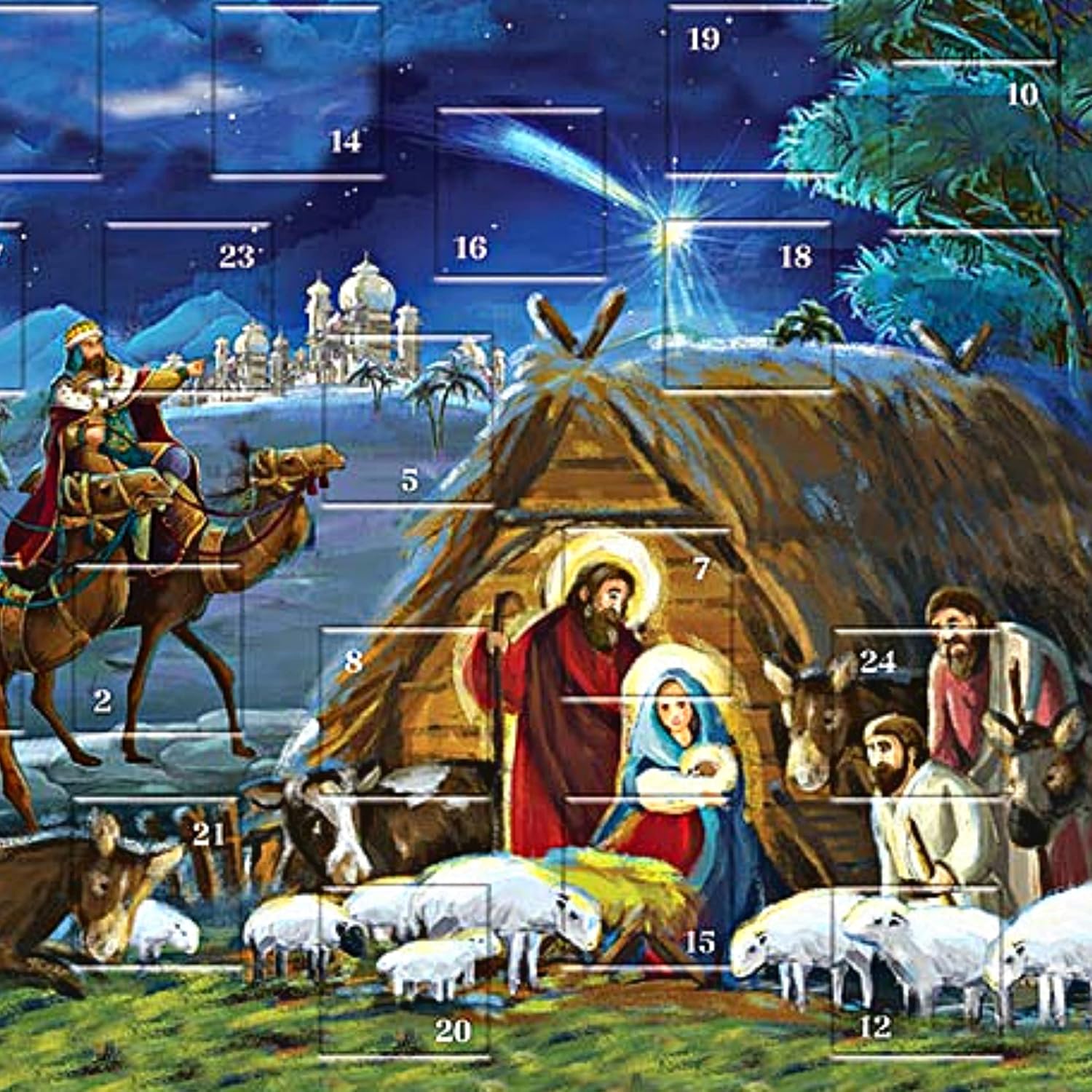 Calendario religioso de Adviento de cuenta regresiva para Navidad 2023, escena tradicional de pesebre a todo color, 24 pestañas de puerta, divertida