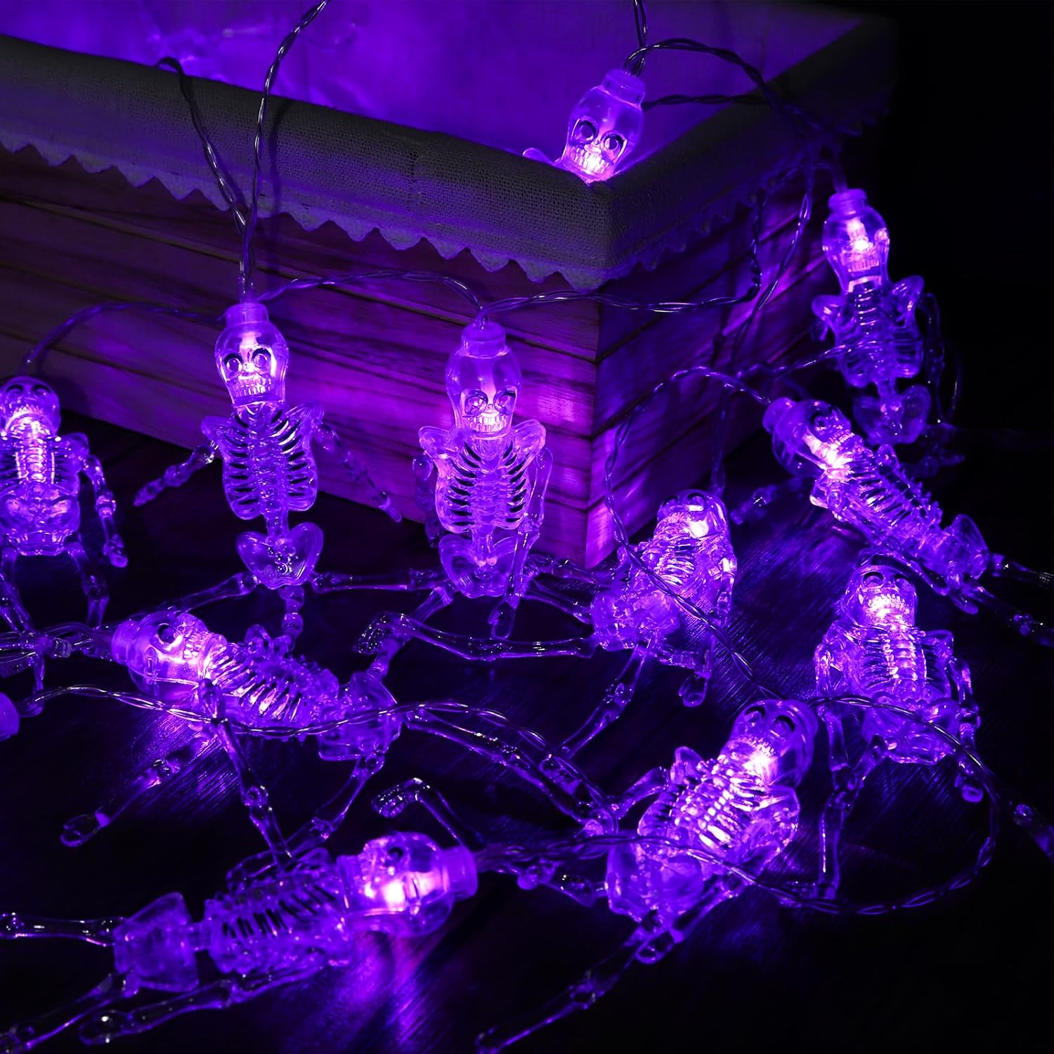 TIANSHENG Guirnalda de luces de esqueleto para Halloween, 20 luces LED, 8 modos, impermeables, funciona con pilas, para interiores y exteriores,