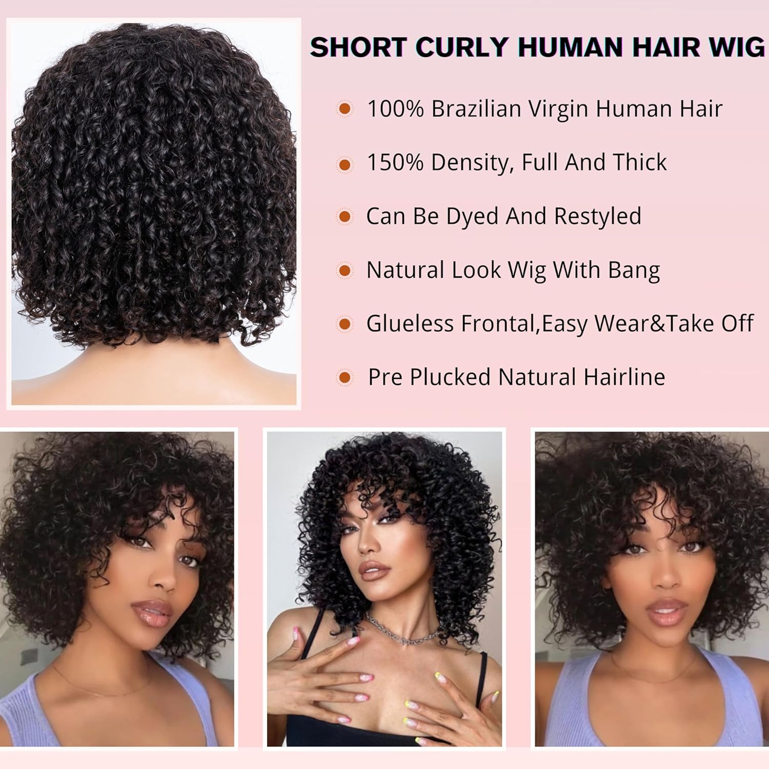 ZABUZAUN Pelucas humanas cortas y rizadas con flequillo para mujeres negras, 100% cabello humano virgen brasileño, hechas a máquina, sin pegamento,