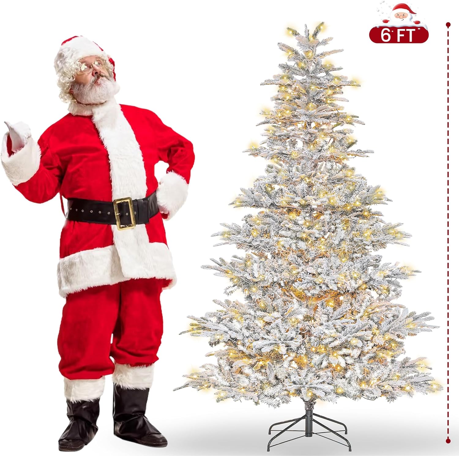 Prelit Árbol de Navidad flocado de 6 pies de pino artificial con 400 luces LED blancas cálidas para decoración de Navidad