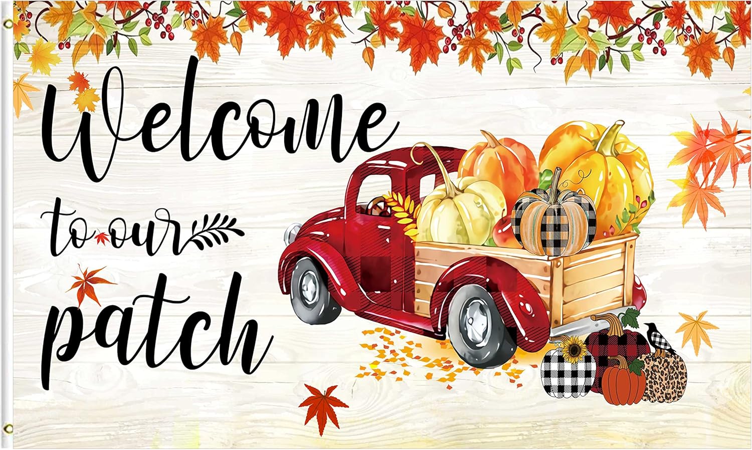 FLCHWY Bienvenido a nuestra bandera de parche de 3 x 5 pies, bandera de hojas de arce de calabaza, cosecha de otoño y verano, decoración de
