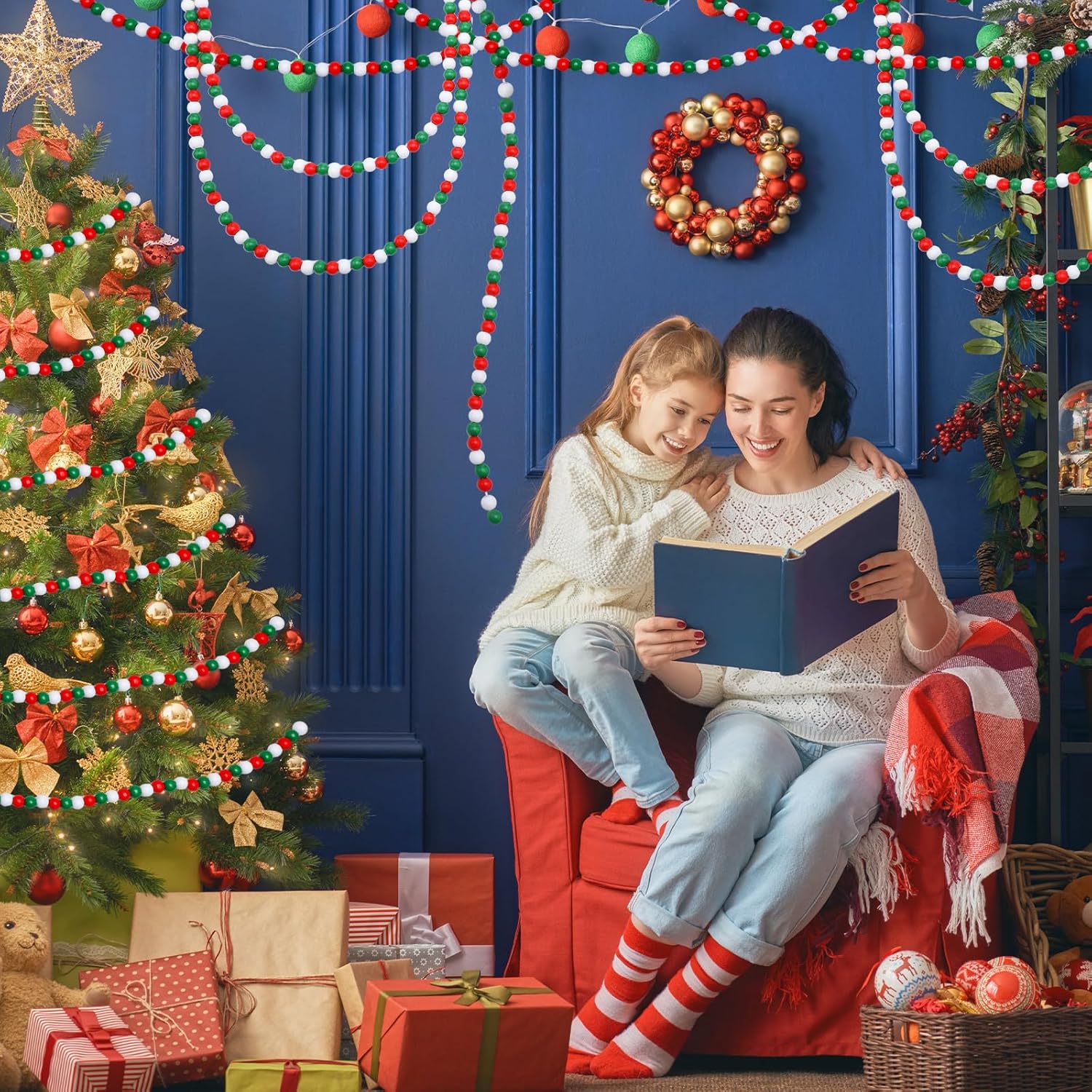 Frienda Guirnalda de cuentas de madera de Navidad de 100 pies, decoración de árbol de Navidad con cuentas de madera, cuentas decorativas de granja,