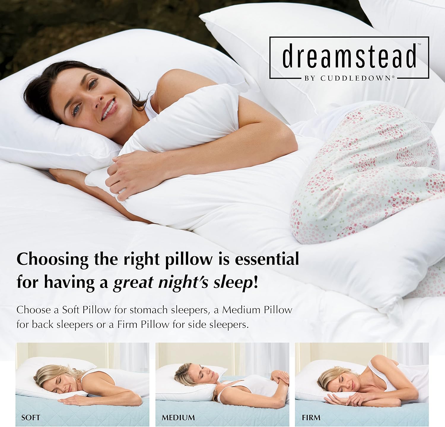 Cuddledown Dreamstead Almohada de dormir alternativa de plumón prémium  Relleno sintético  235 hilos 100% algodón percal  Hipoalergénico  Hecho a