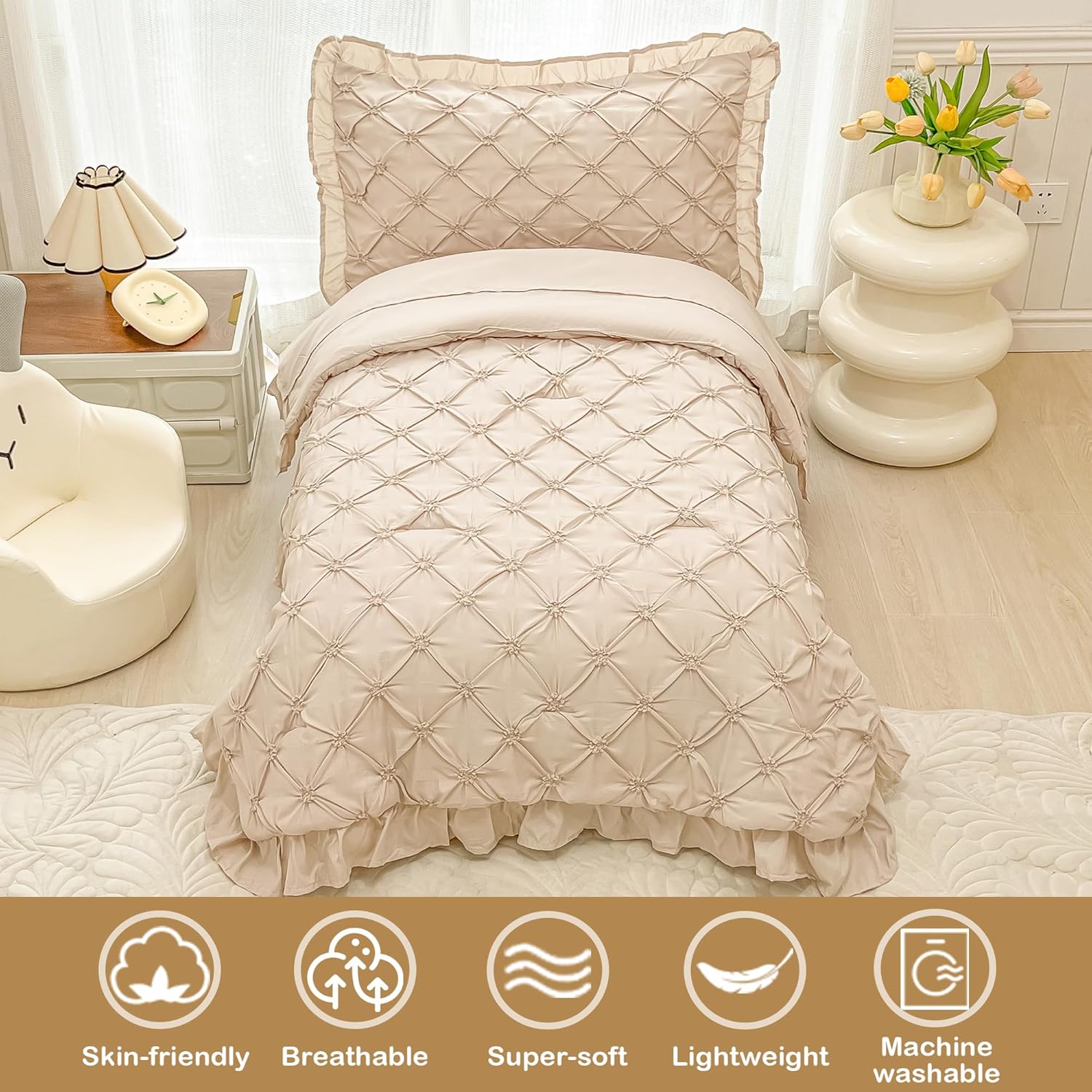 Juego de ropa de cama para niñas pequeñas de 4 piezas, color beige, plisado, con volantes, flecos, juego de sábanas para cuna, juego de sábanas para