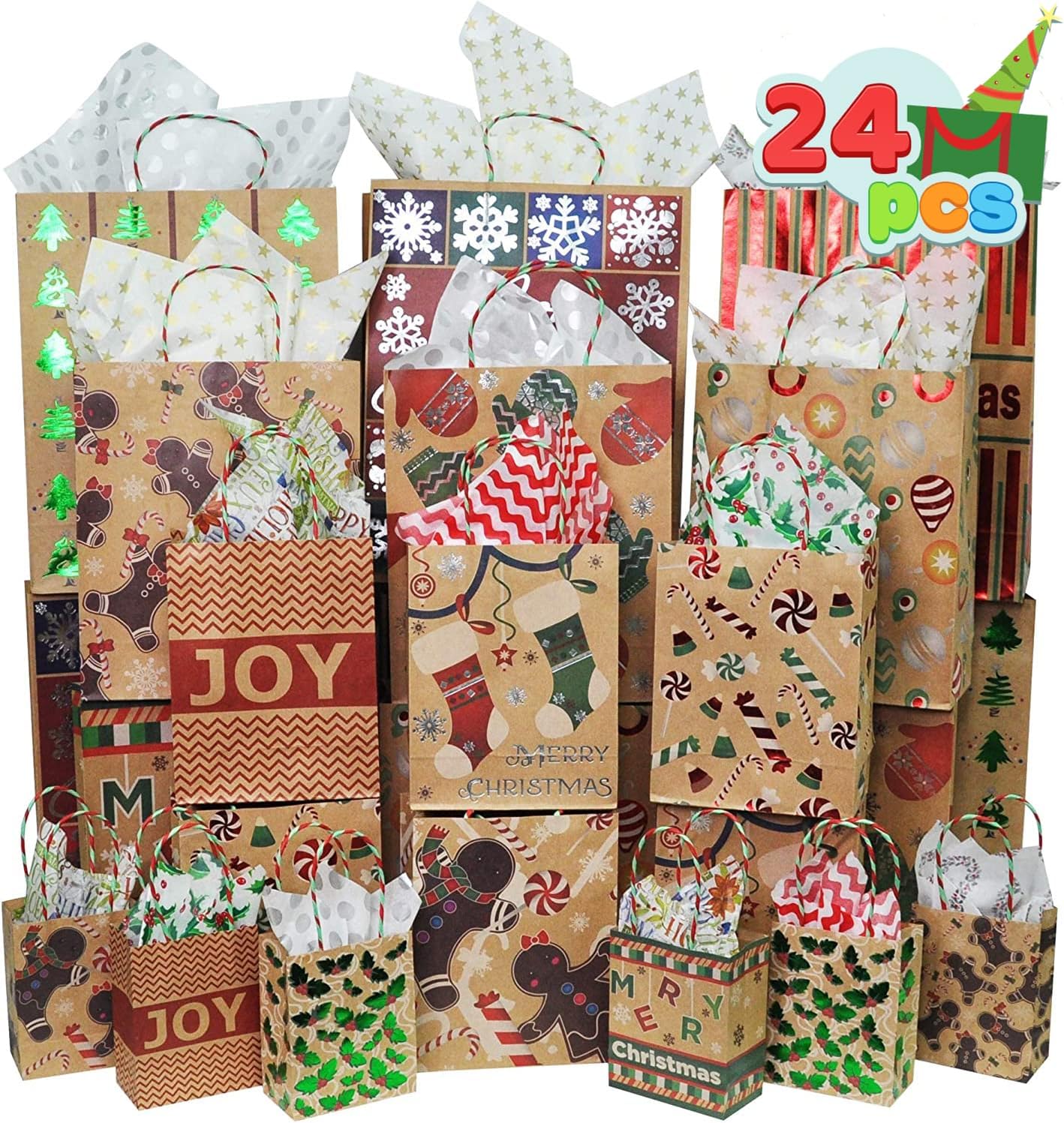 JOYIN 24 bolsas de regalo de papel de estraza de papel de estraza de Navidad de varios tamaños con asas de cordel para decoración de regalo de