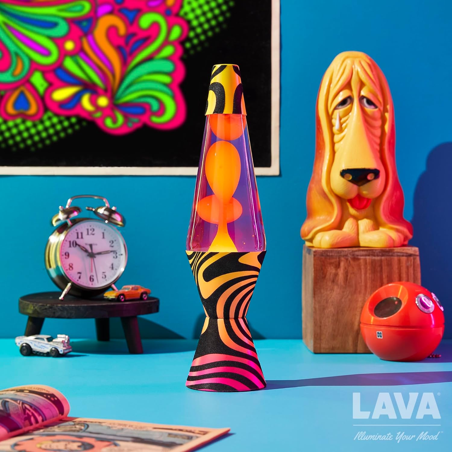 Lava Lámpara – 14.5″ Groovy Gradient Flocado Base – La Luz de Movimiento Original – Cera Amarilla y Líquido Púrpura – Artículo 2015