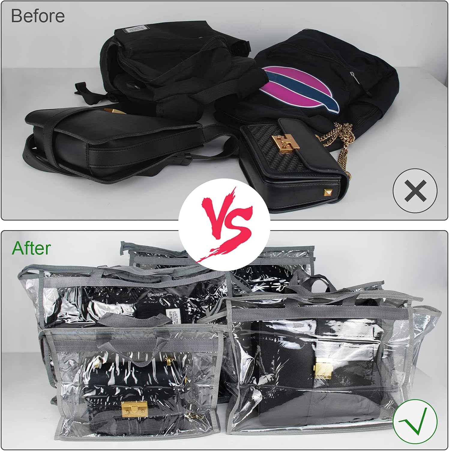 LASZOLA – 10 bolsas transparentes para almacenamiento de bolsas, bolsa de almacenamiento transparente con cremallera y asa para estante de armario,
