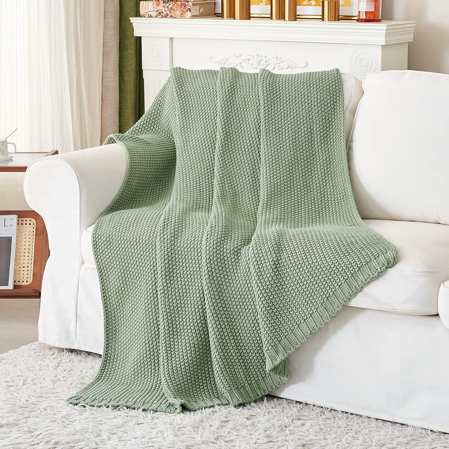 Manta de punto trenzado grueso, ligera, color verde claro, 100% algodón orgánico, para sofá, cama, guardería, rústico, shabby chic, casa de campo