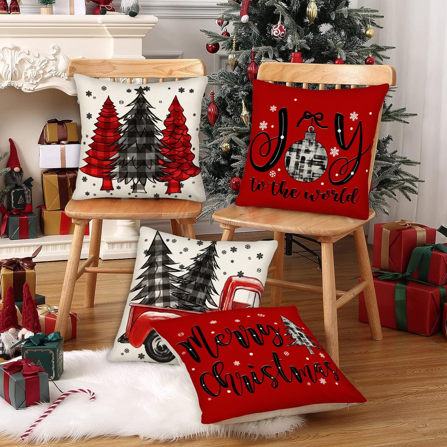 Juego de 4 fundas de almohada navideñas de 20 x 20 pulgadas, diseño de búfalo a cuadros de pino de Navidad, camión, copo de nieve, feliz alegría,