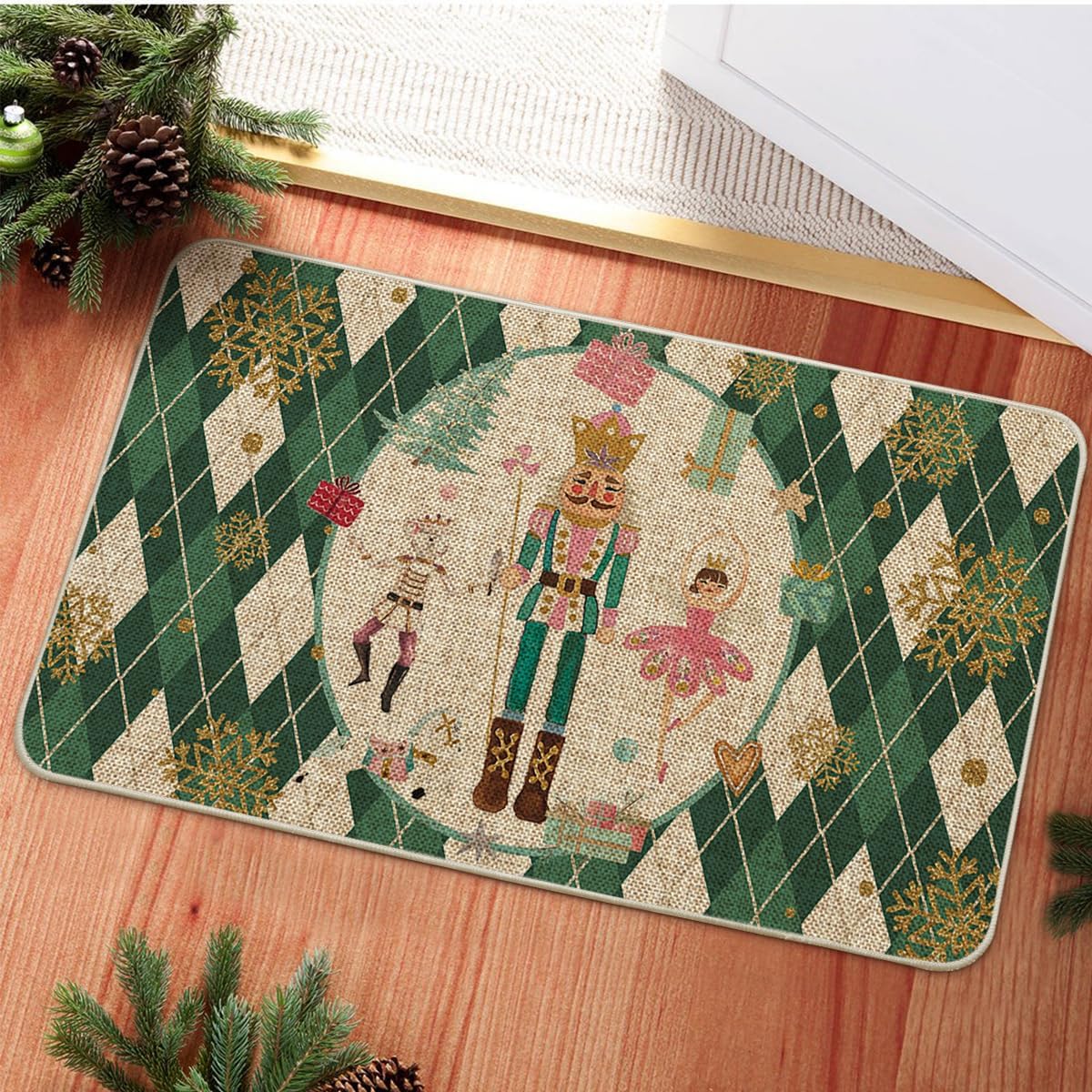 Artoid Mode Felpudo de Navidad con diseño de cascanueces de diamantes verdes, decoración del hogar, tapete de bajo perfil para puerta, 17 x 29