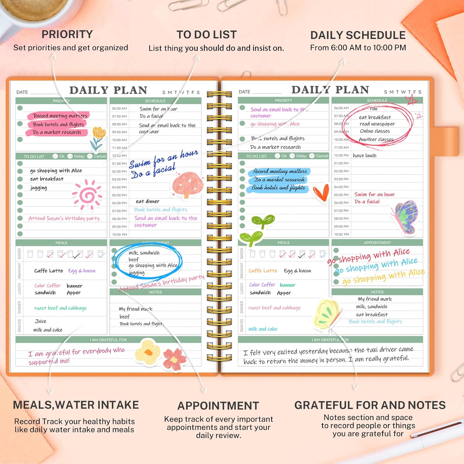 ALLTREE – Agenda diaria sin fecha, planificador diario sin fecha, planificador diario de lista de tareas pendientes con seguimiento de comidas,