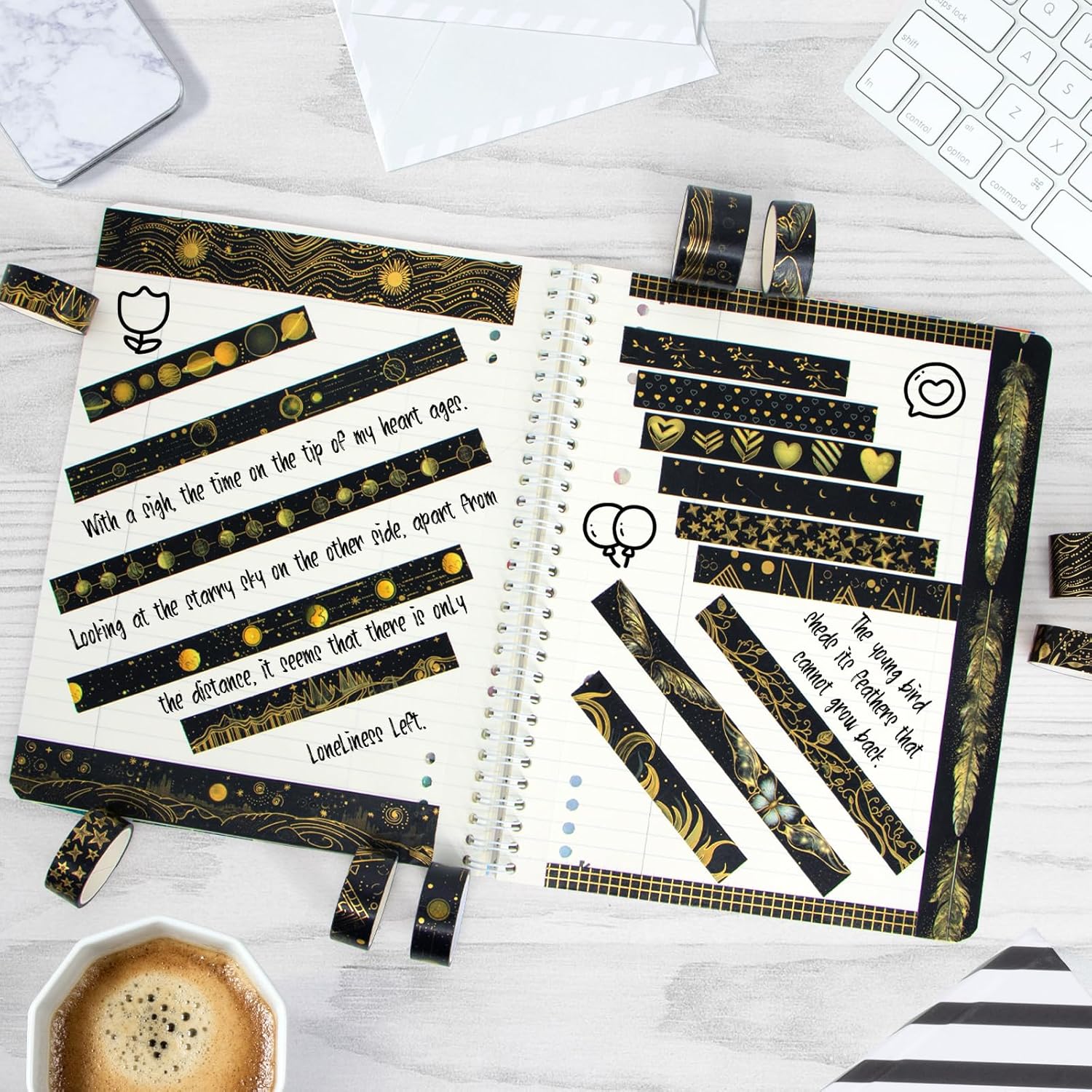 Juego de cinta washi negra, 27 rollos de cinta adhesiva decorativa de lámina dorada negra para diario de viñetas, suministros de álbumes de