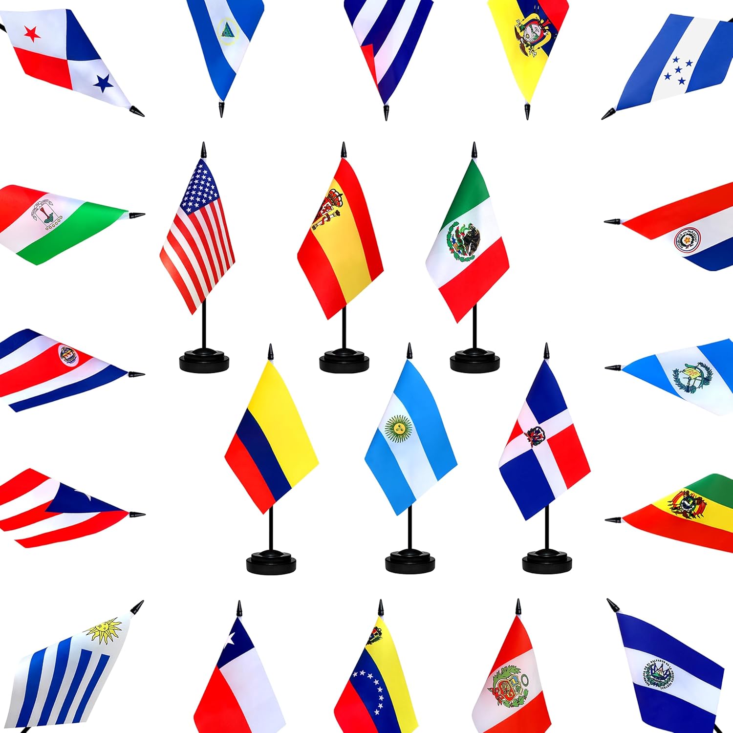LZXING Juego de banderas de escritorio de habla hispana de 22 países pequeños, mini banderas latinoamericanas para decoraciones del mes hispano, 5 x
