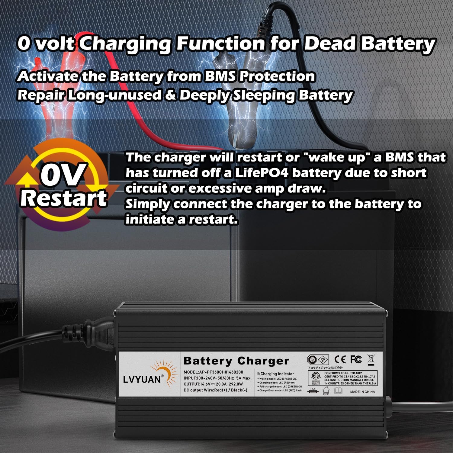 LVYUAN Cargador de batería LiFePO4 de 14.6V 20A, cargador de batería inteligente automático y mantenimiento de desulfatador con chip inteligente