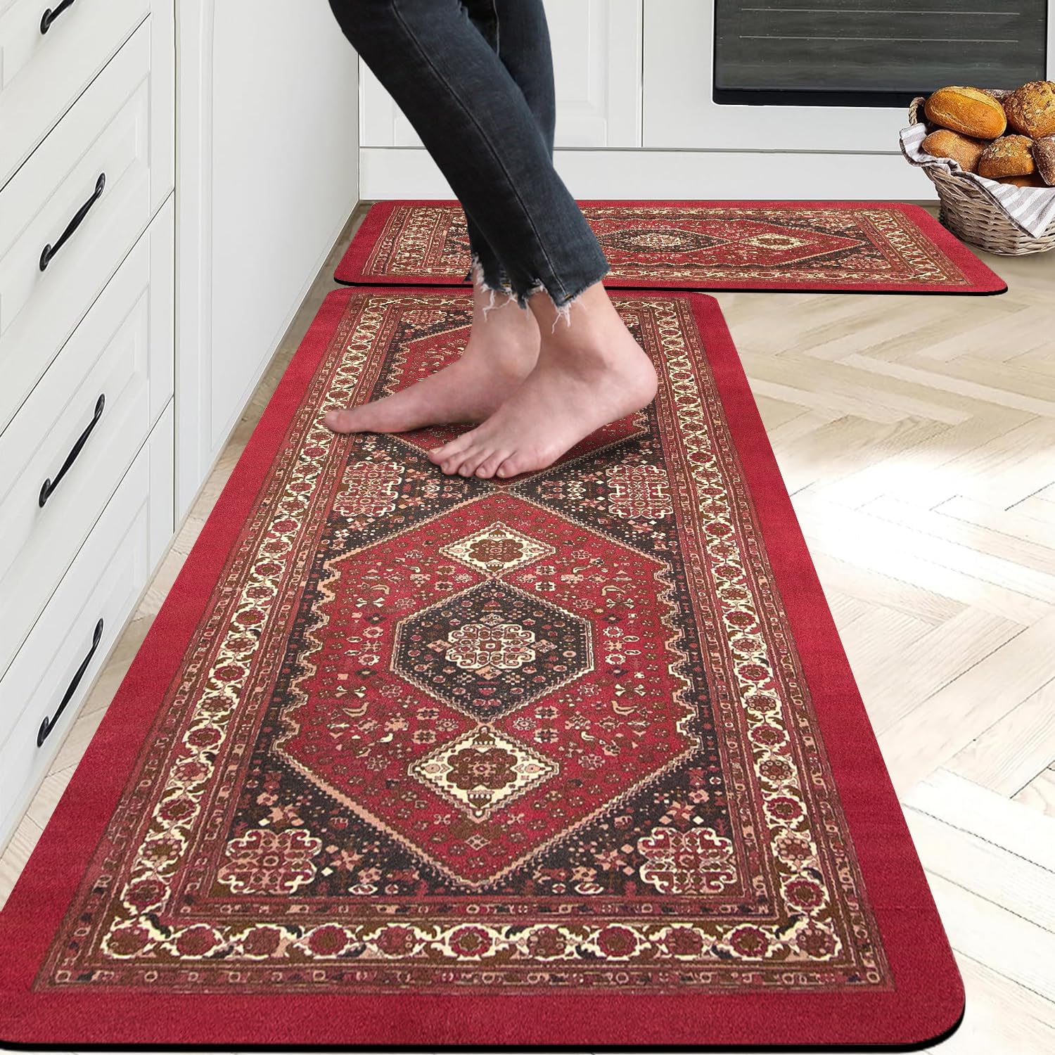 Juego de 2 tapetes de cocina de goma antideslizante para piso, alfombras y tapetes de cocina bohemios, lavables, tapete acolchado de pie para