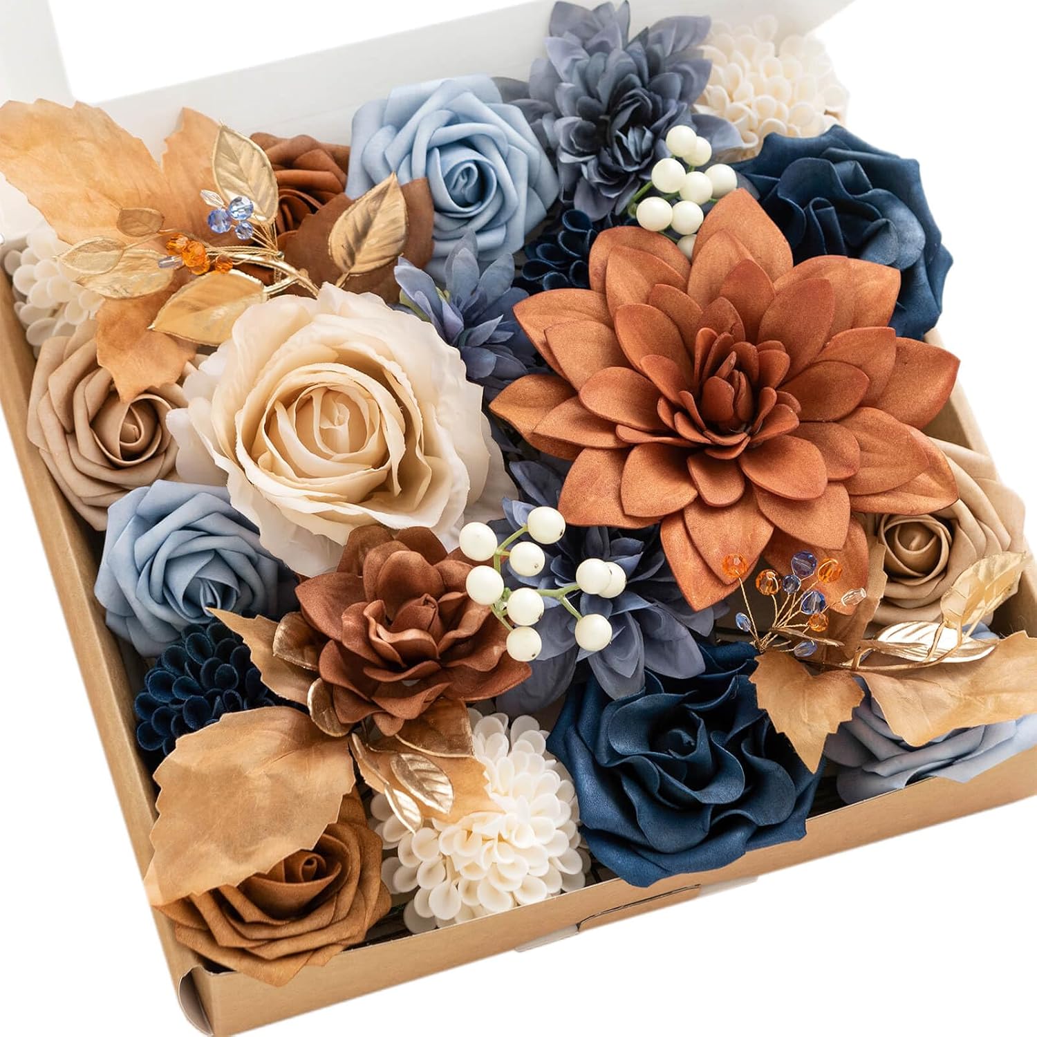 Ling’s Moment Juego de cajas combinadas de flores artificiales de color naranja quemado y azul marino, flores falsas de terracota para ramo de novia