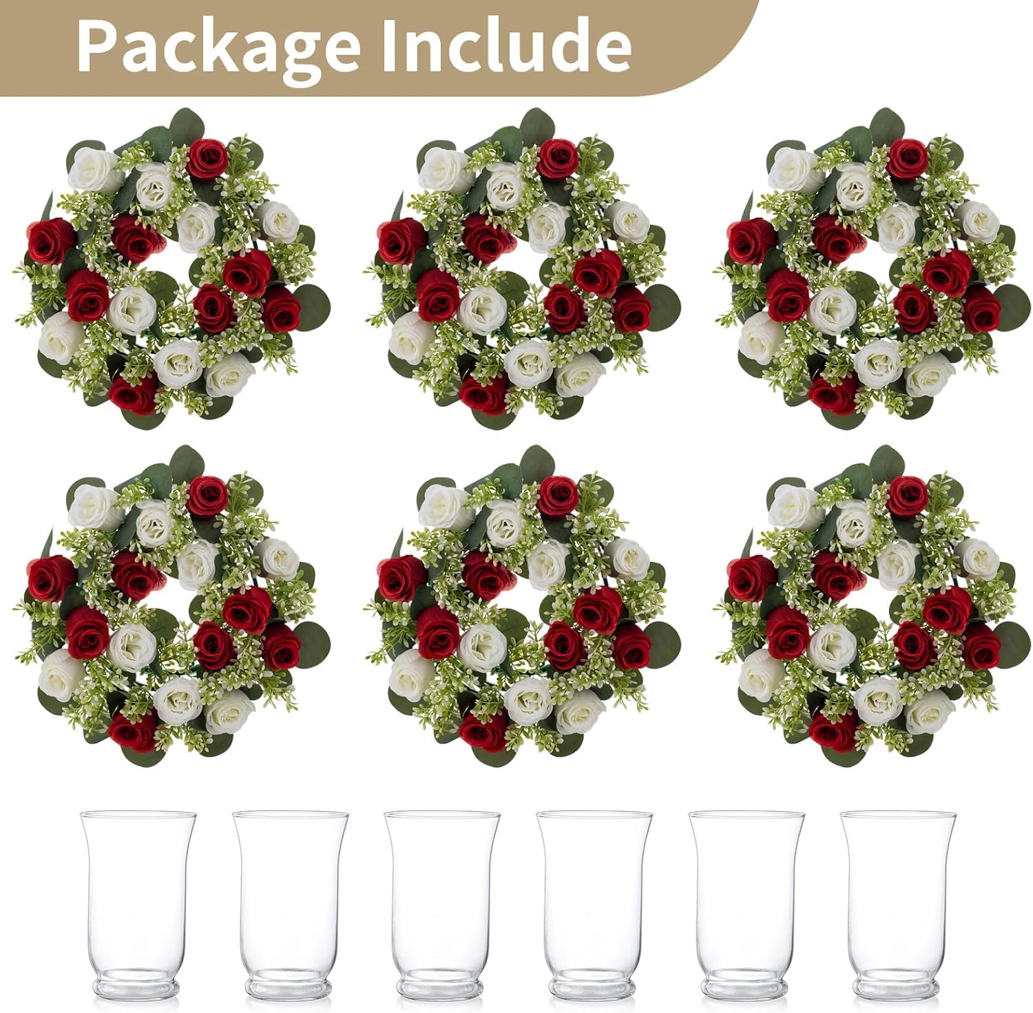 NUPTIO Candelabros de cristal Hurricane 6 jarrones de velas flotantes cilíndricas con corona de flores falsas grandes de 13.4 pulgadas, color