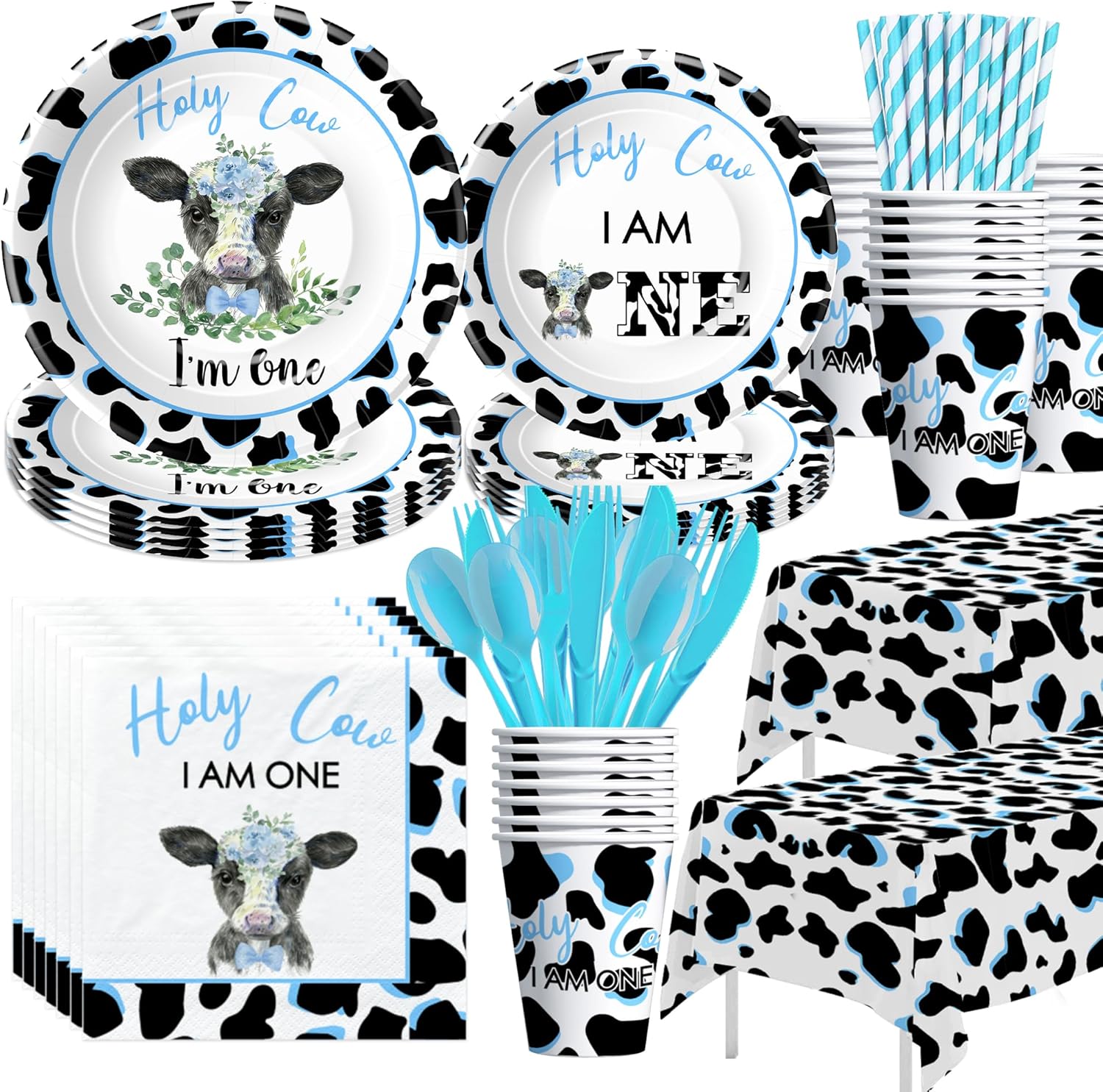 Holy Cow – Decoraciones de cumpleaños con texto en inglés “I’m One”, suministros para fiesta de primer cumpleaños con estampado de vaca, platos,