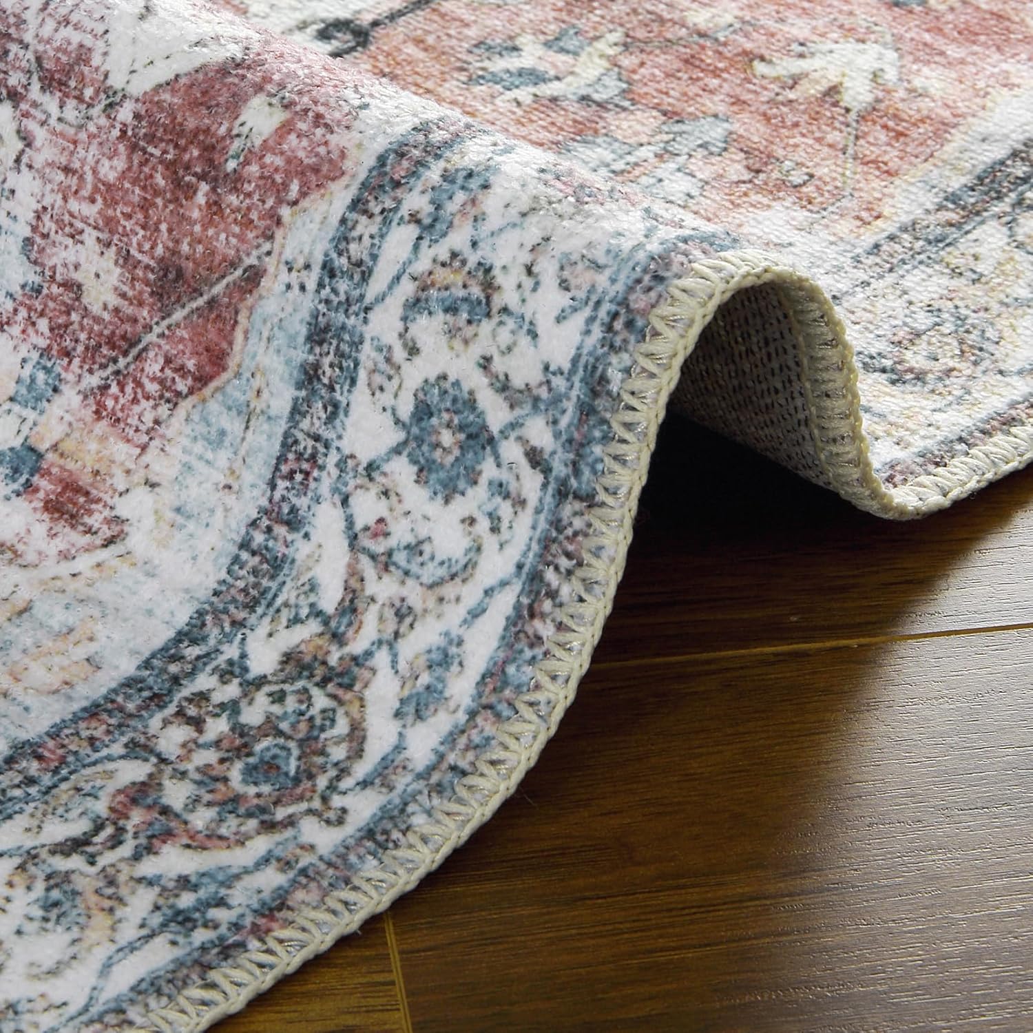 Alfombra vintage de 4 x 6 con estampado floral oriental para sala de estar, dormitorio, lavable a máquina, alfombra de pelo bajo, antideslizante y