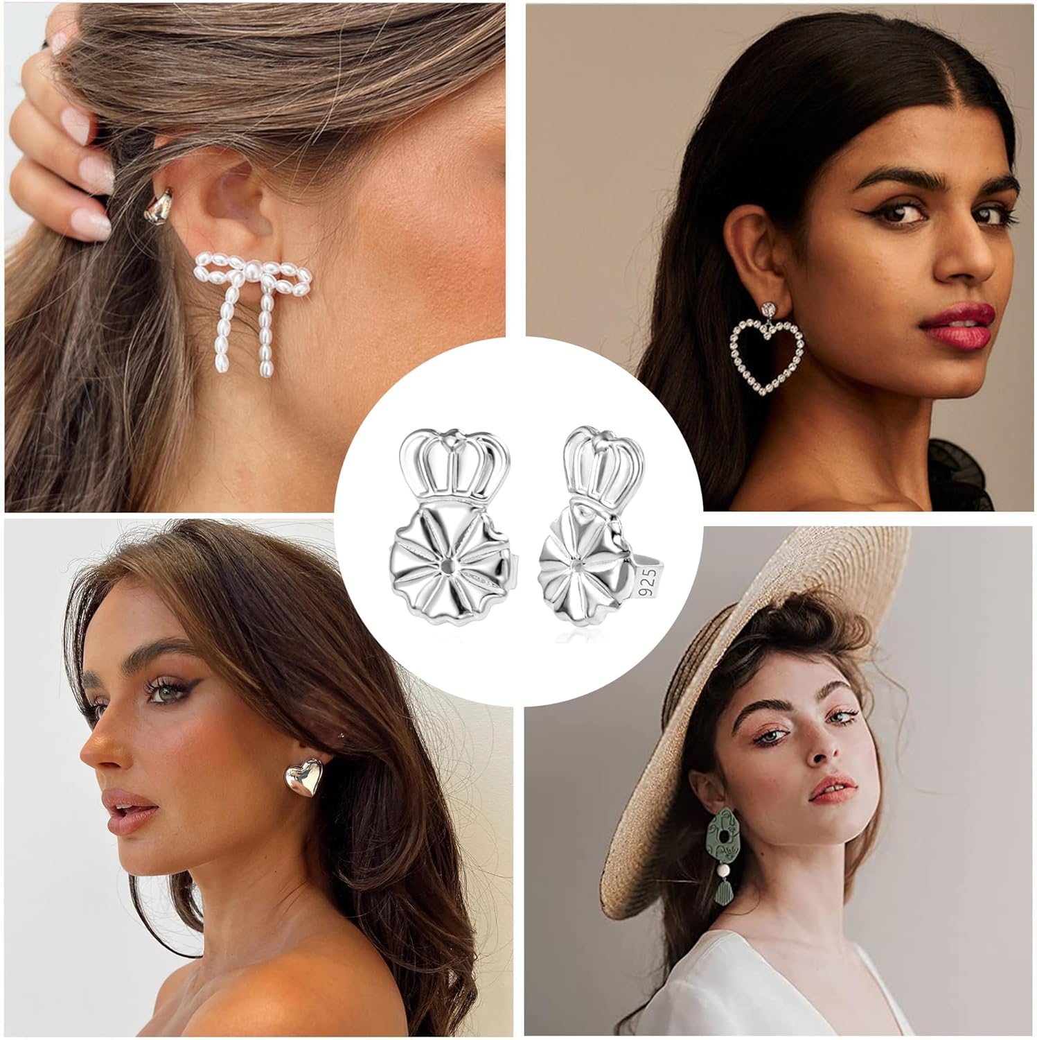 Espalda levantadora de aretes de plata de ley 925 para orejas caídas, ajustables, hipoalergénicas, para aretes pesados