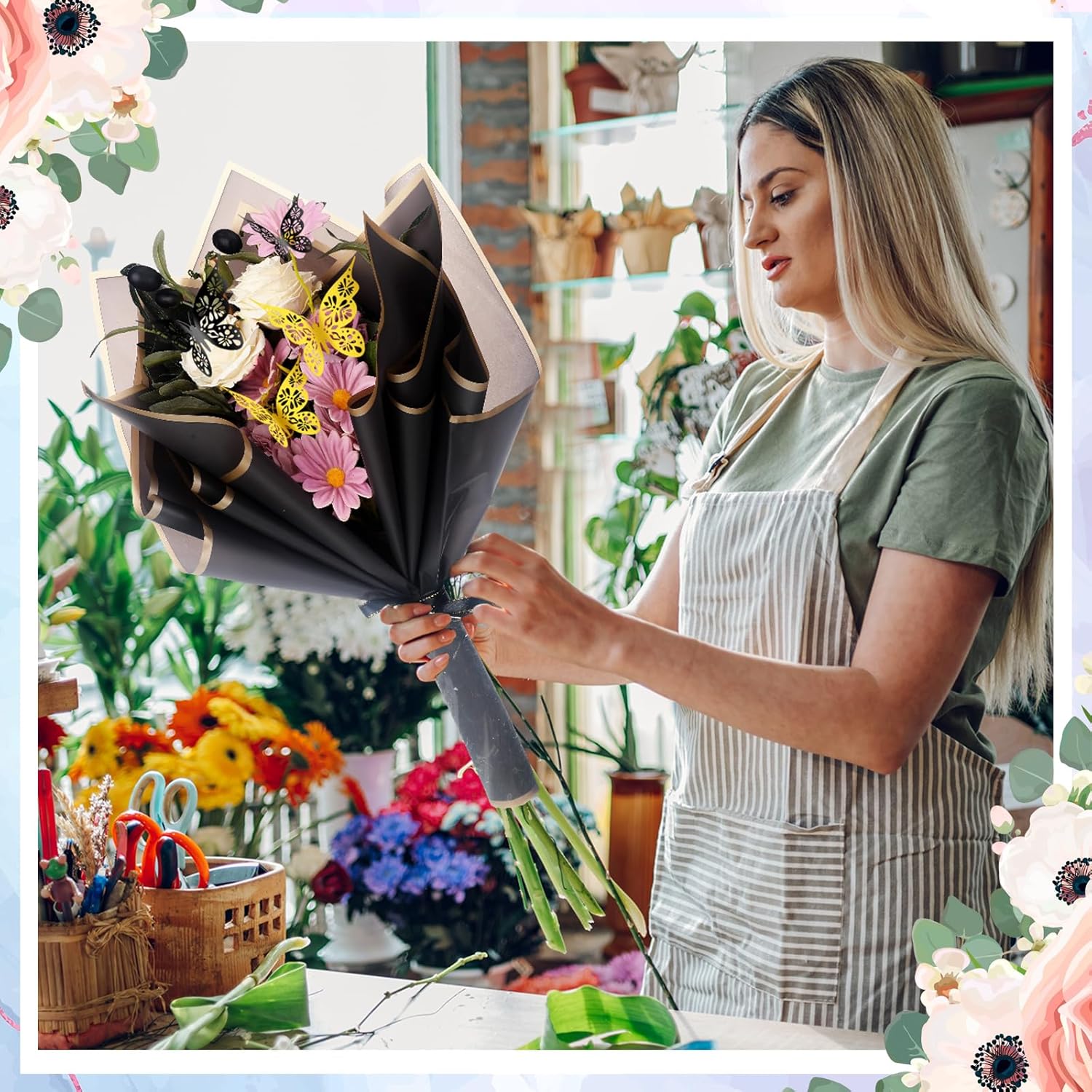 Qilery 243 piezas de papel de regalo para ramo de flores, impermeable, suministros de floristería con decoración de mariposas, coronas, cintas,