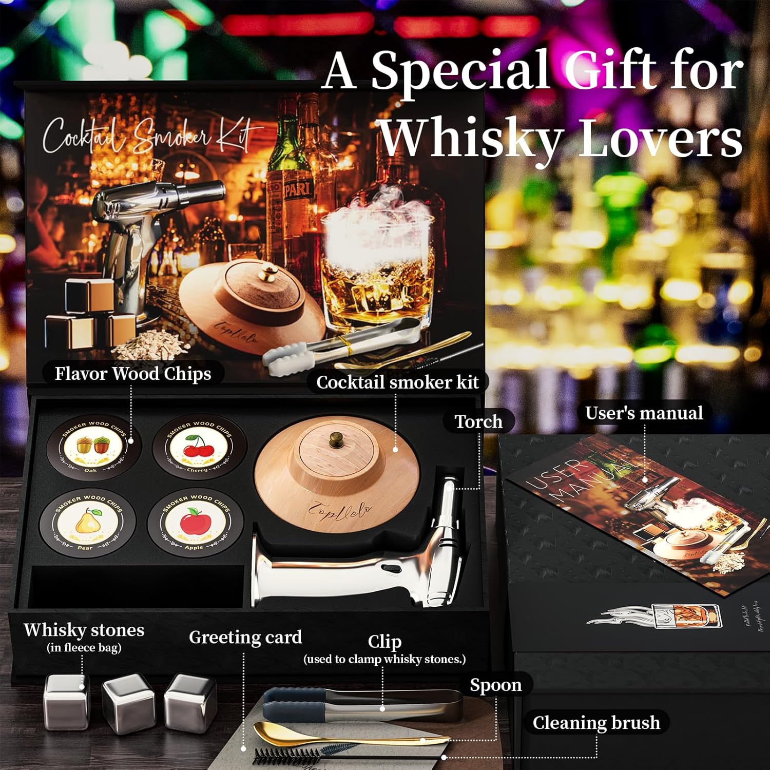 Kit de ahumador de cóctel con antorcha de triple llama, chips de madera de 4 sabores y 3 piedras de whisky para whisky y bourbon, kit de infusor de