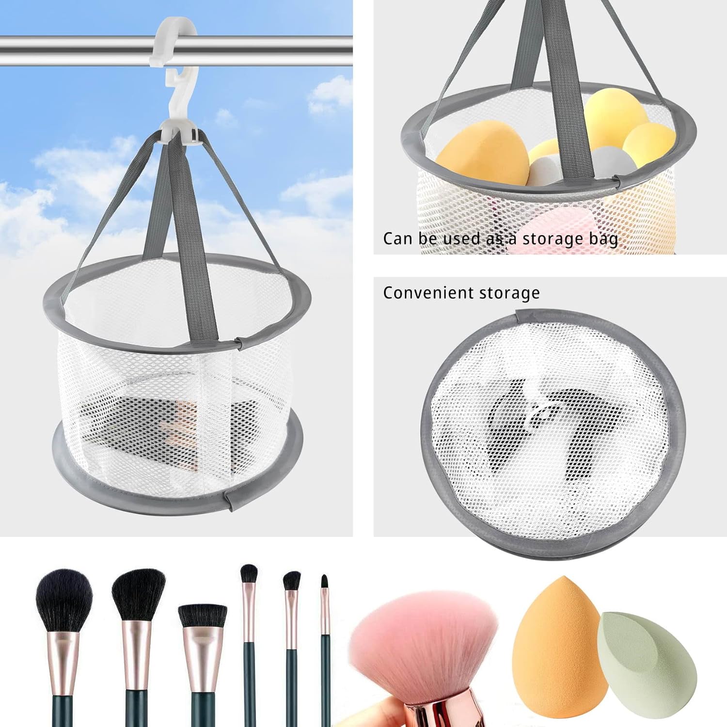 Estante de secado de malla colgante, cesta de secado de maquillaje, red de cepillos plegables, red de herramientas de maquillaje, soporte de red