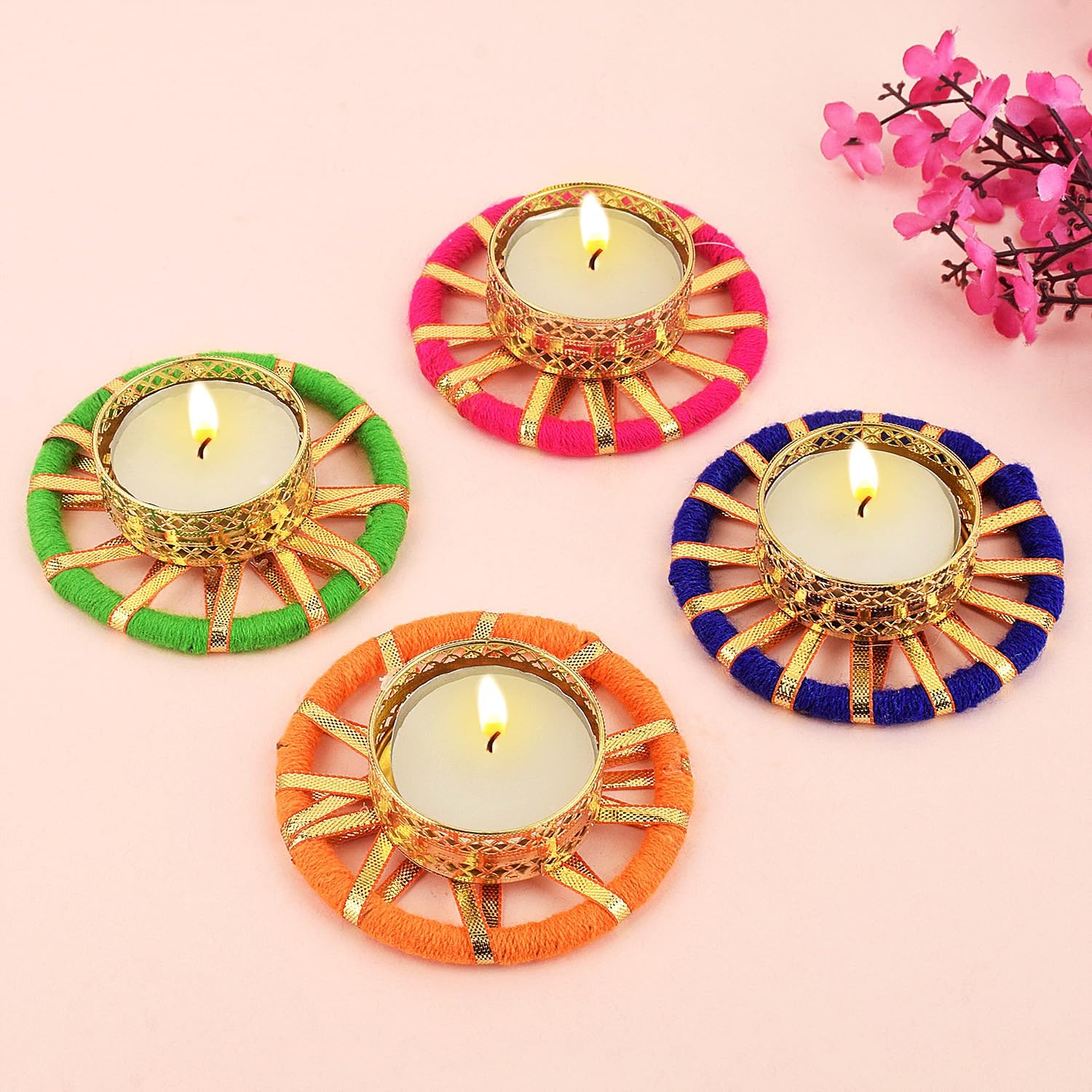 SATVIK – 4 piezas redondas de chakras de metal Dia Festive Diwali Pooja Pujan Portavelas de té Lámpara de aceite para el hogar Mandir Oficina