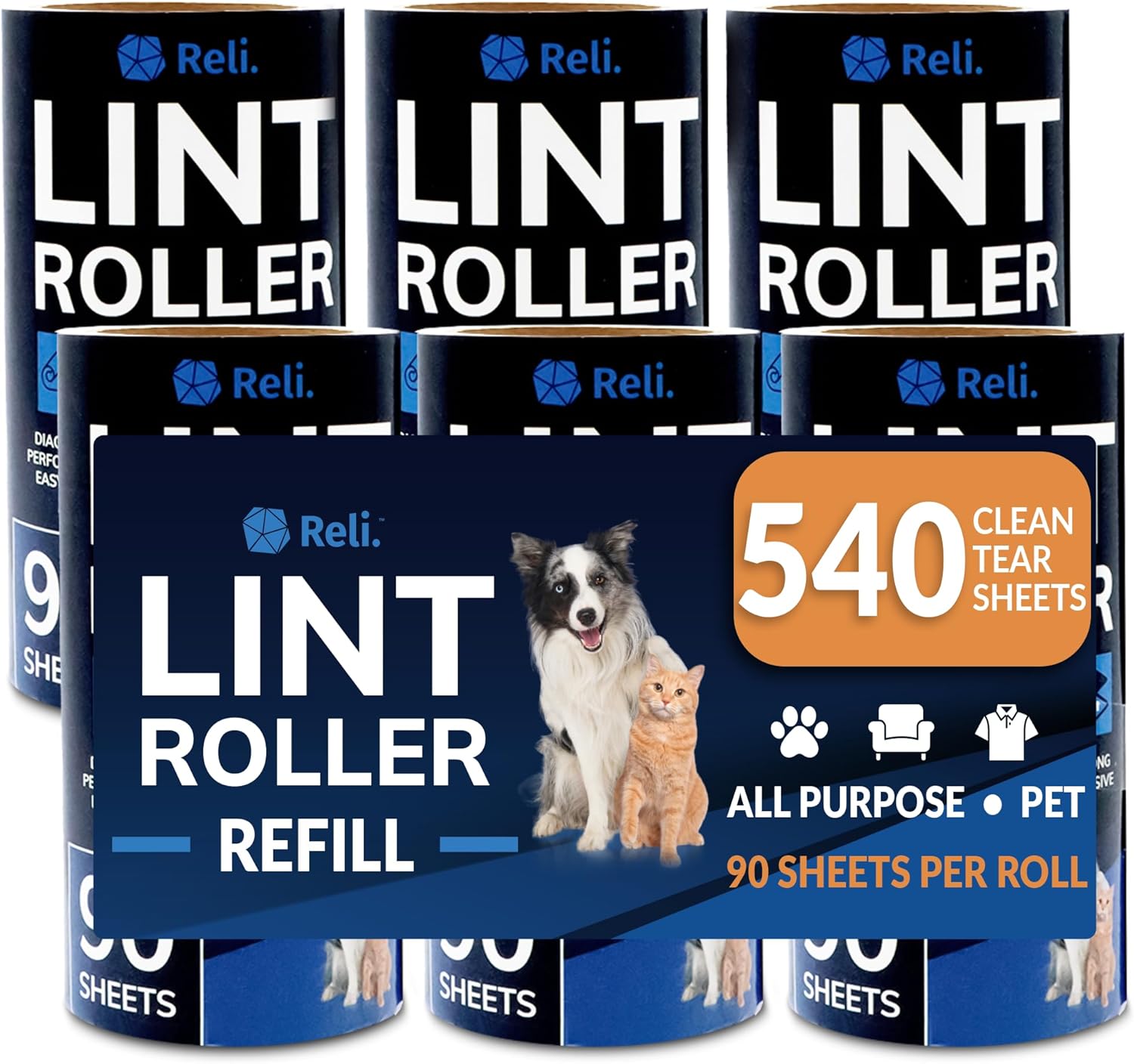 Reli. Rodillos de pelusa para pelo de mascotas extra pegajosos, 540 hojas en total repuestos  Removedor de pelo de perros y gatos  6 rollos de