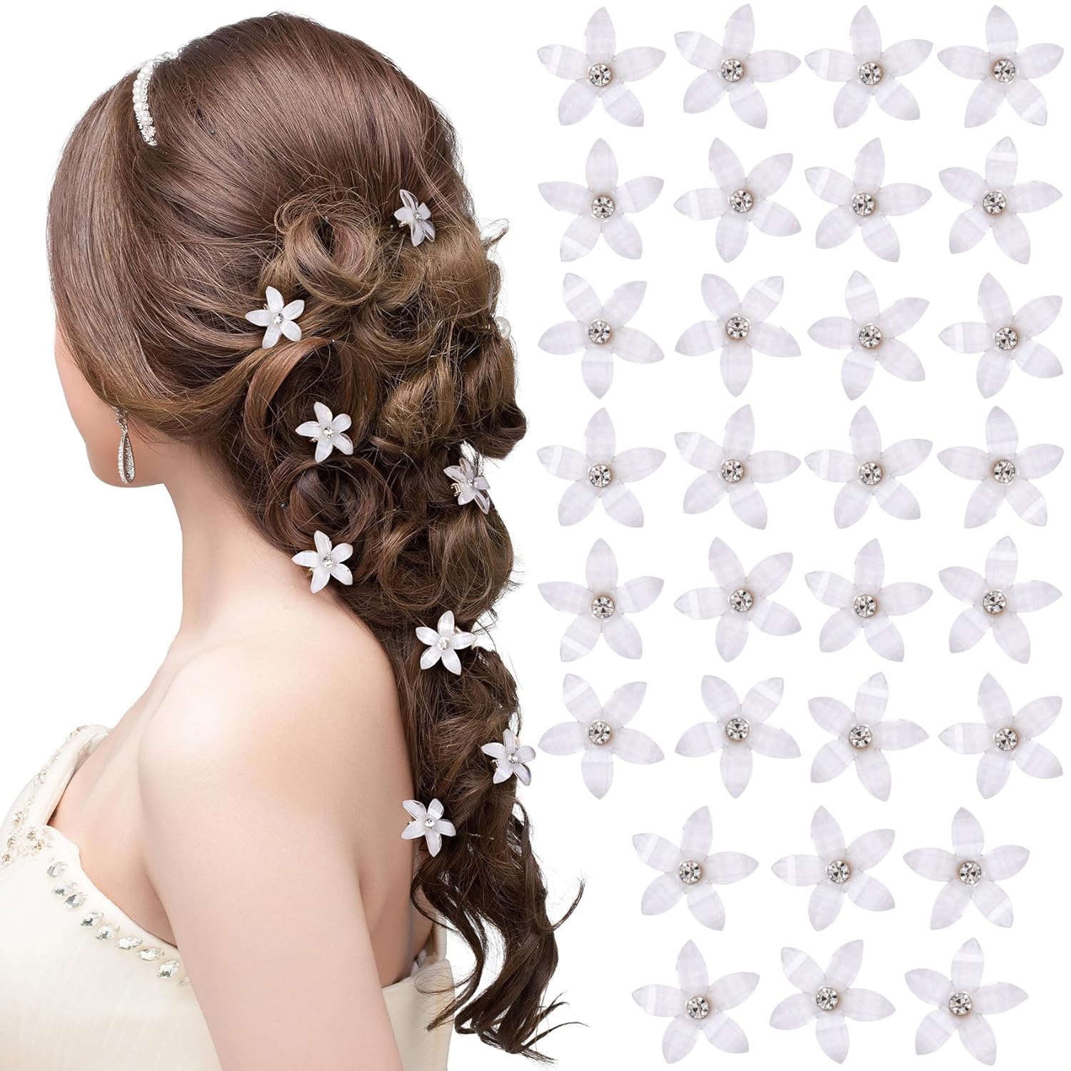 HINZIC 30 pinzas para el pelo Rapunzel de 0.71 pulgadas con diamantes de imitación brillantes pequeños pasadores blancos para Halloween, Navidad,