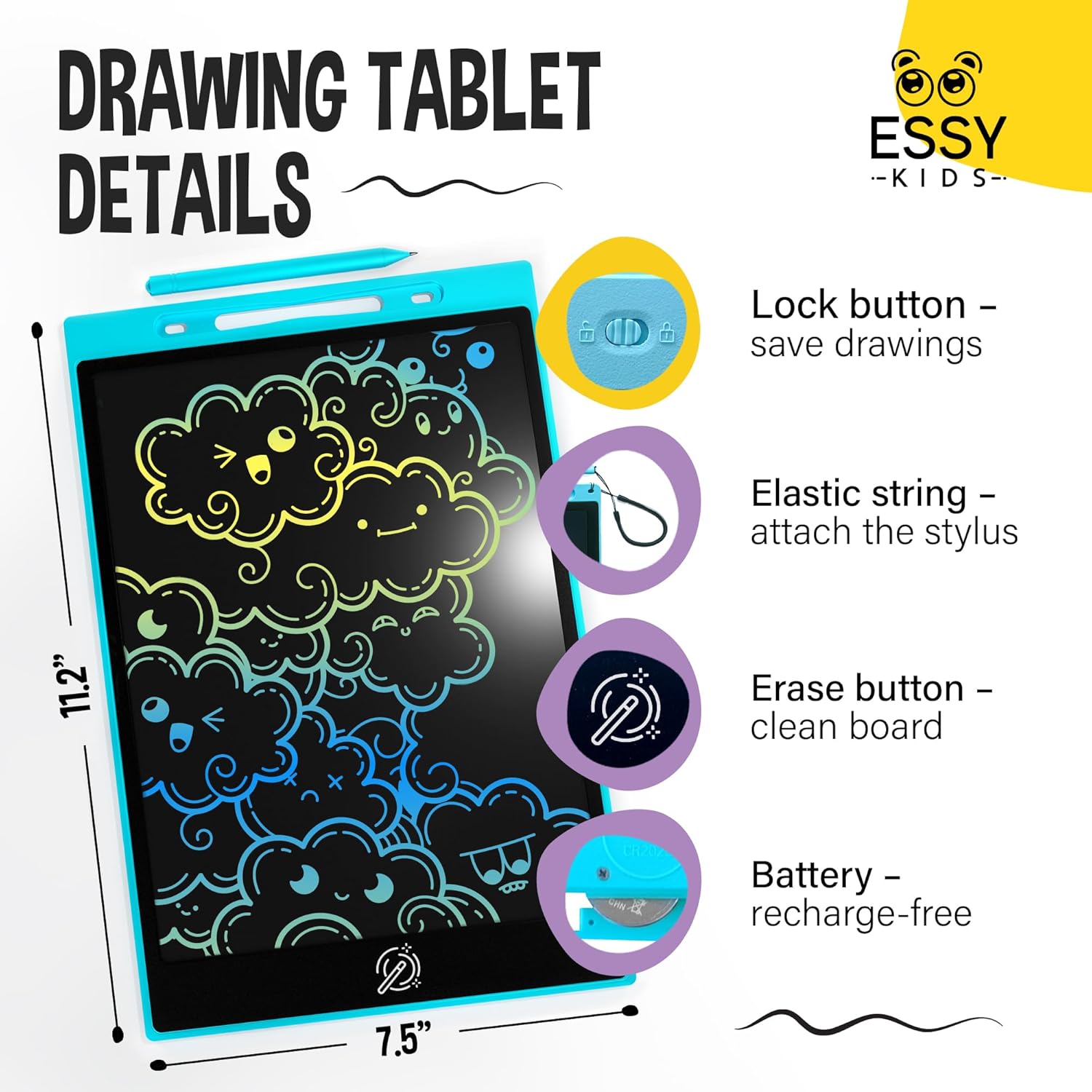 Essy Tableta de escritura LCD de 12 pulgadas para niños, tableta de dibujo para niños, tableta de dibujo LCD para niños pequeños, tableta de