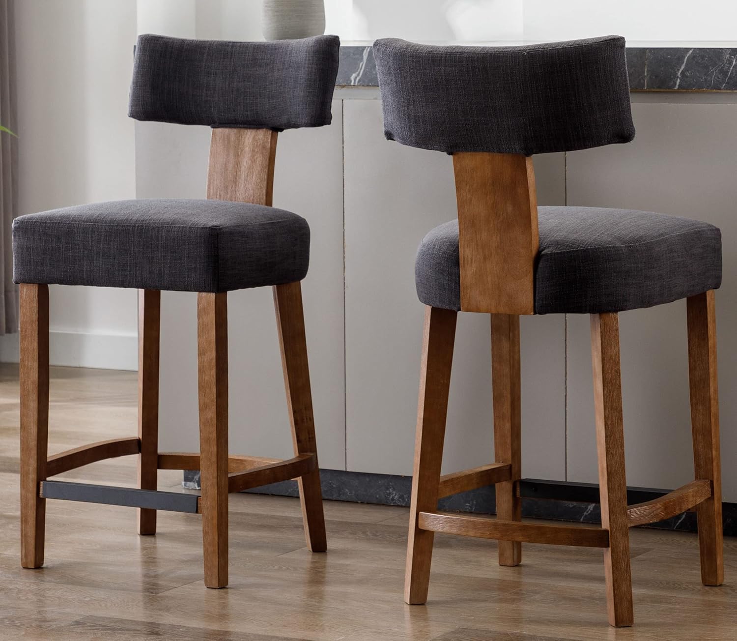 VESCASA Taburetes de bar de altura de mostrador con patas de madera natural, sillas tapizadas modernas de lino de 27 pulgadas de alto con reposapiés