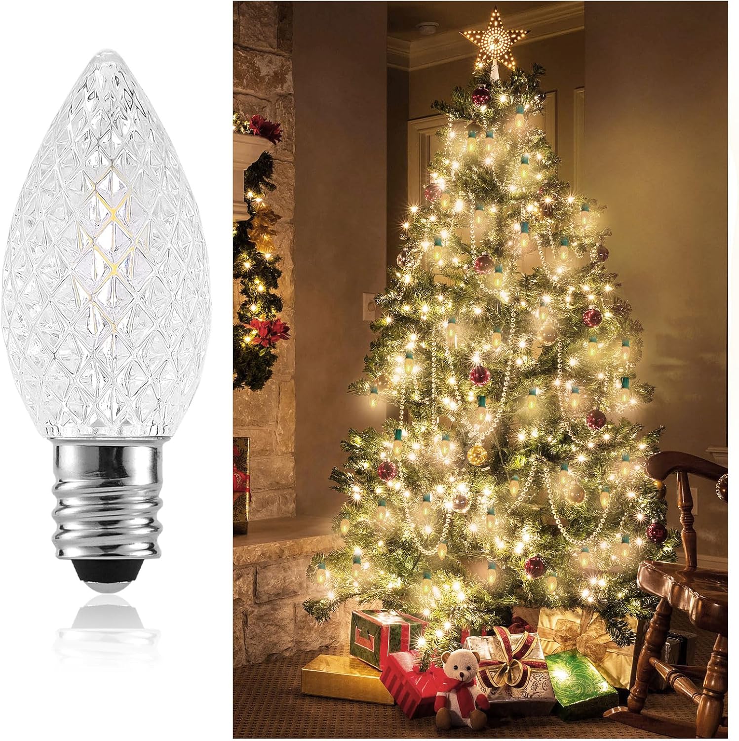 Paquete de 50 bombillas de repuesto de luz de Navidad C7, bombilla de grado comercial de 0.6 W, 2700 K cálidas, bombillas de candelabro E12 para