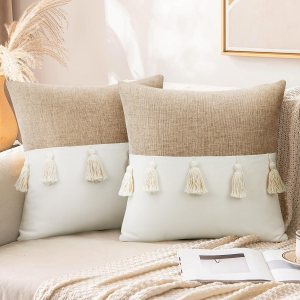 Merrycolor Juego de 2 fundas de almohada bohemias de 20 x 20 pulgadas, color beige neutro, con borlas, decoración moderna de casa rural, para sofá, Merrycolor Juego de 2 fundas de almohada bohemias de 20 x 20 pulgadas, color beige neutro, con borlas, decoración moderna de casa rural, para sofá,