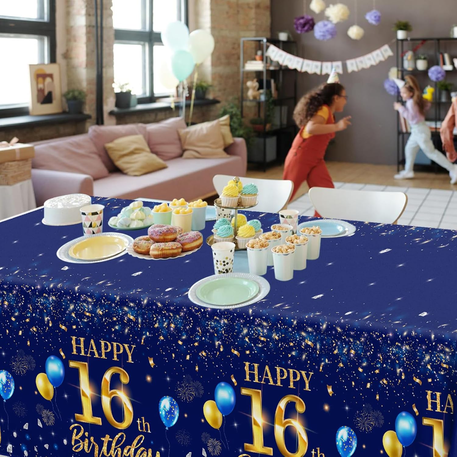 Decoraciones de cumpleaños número 16 para hombre, 3 piezas, color azul marino, fundas rectangulares de plástico impermeables de plástico dorado y