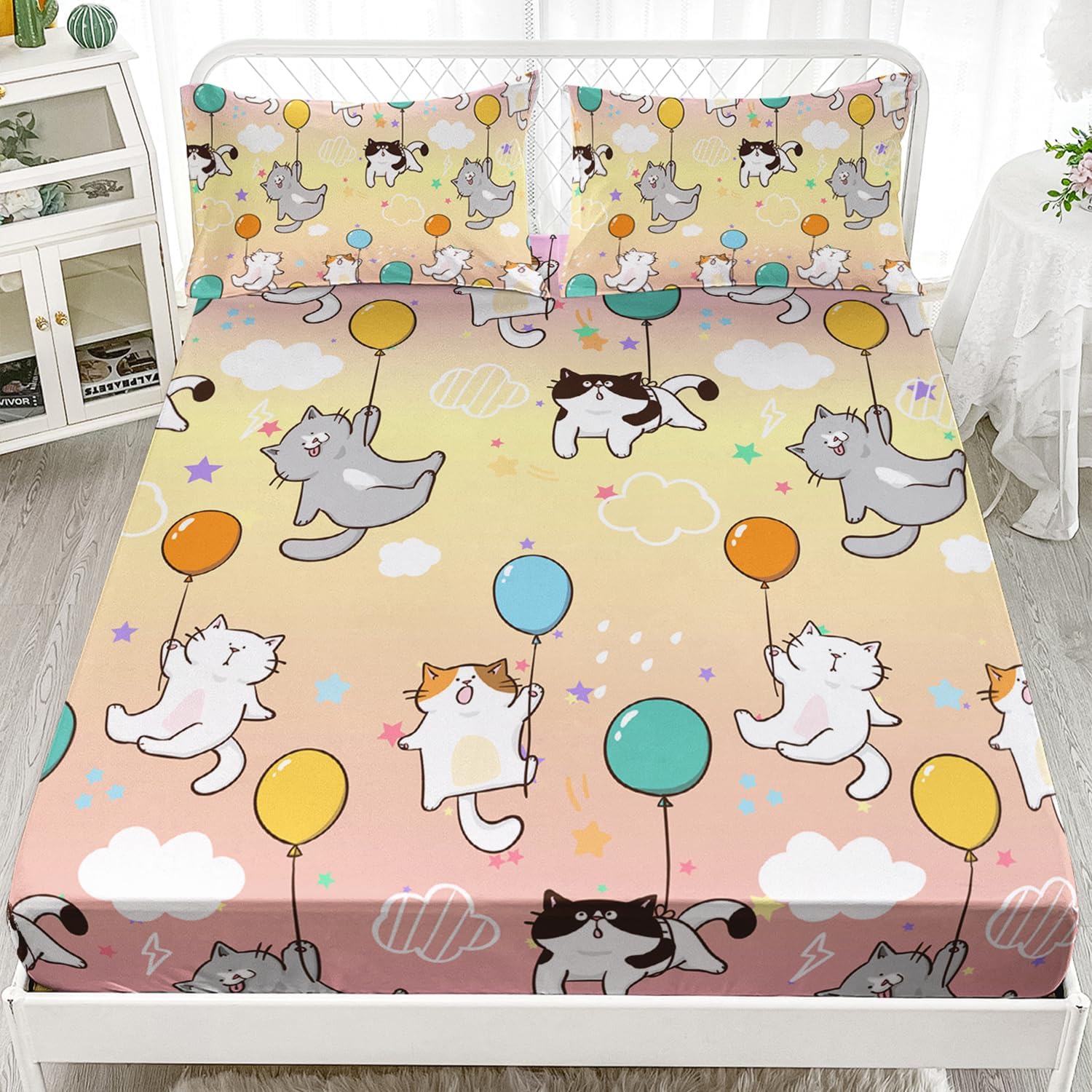AILONEN Juego de sábanas bajeras de tamaño individual con globos, sábanas coloridas de gatos para mascotas, juegos de sábanas degradadas de gatos de